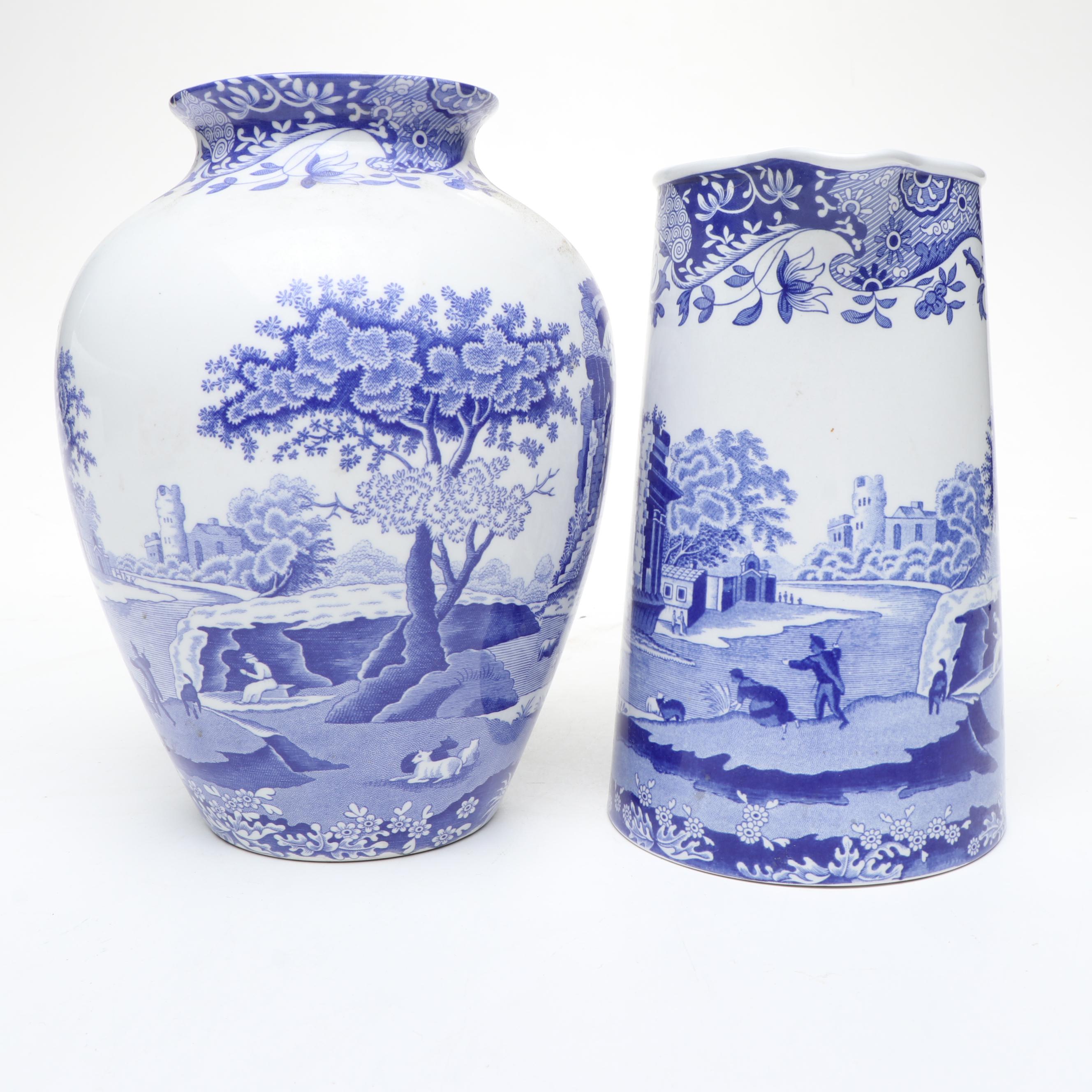 Spode "Italian" Ceramic Vase on Wood Base with Ceramic Pitcher and Footed Bowl