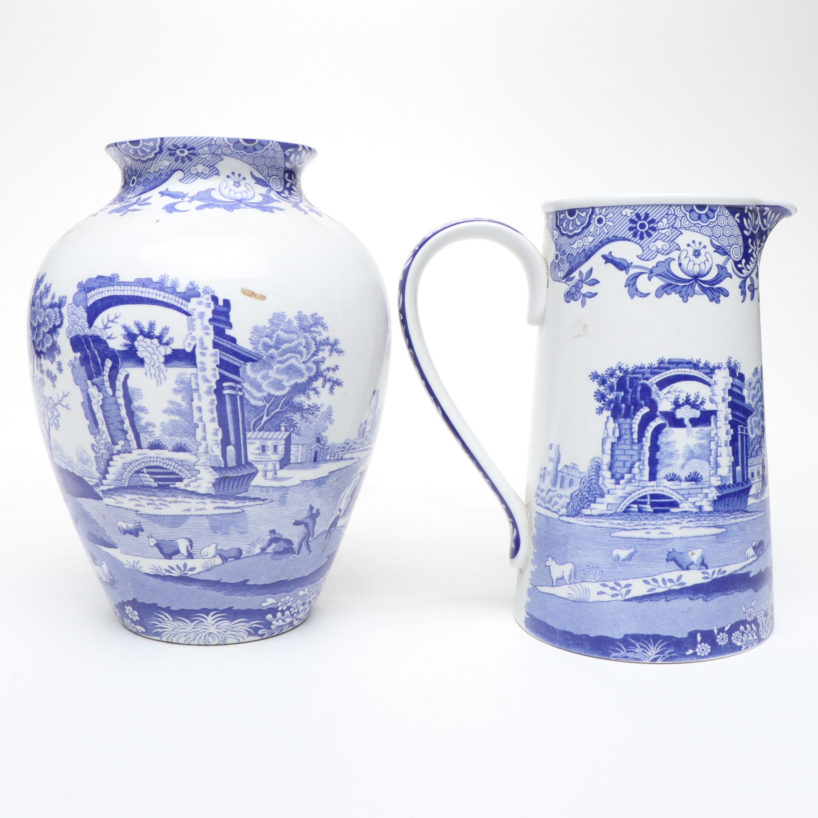 Spode "Italian" Ceramic Vase on Wood Base with Ceramic Pitcher and Footed Bowl