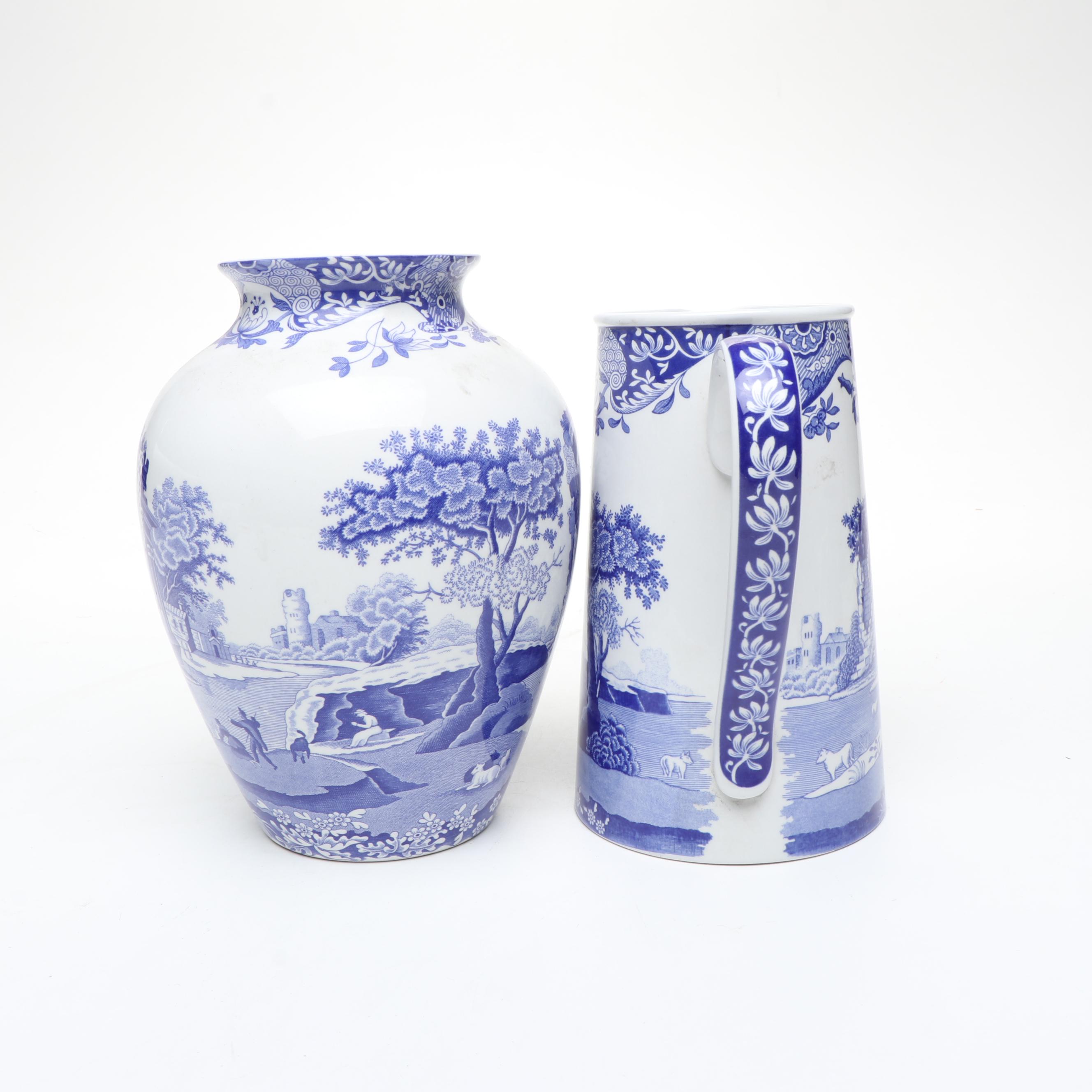 Spode "Italian" Ceramic Vase on Wood Base with Ceramic Pitcher and Footed Bowl