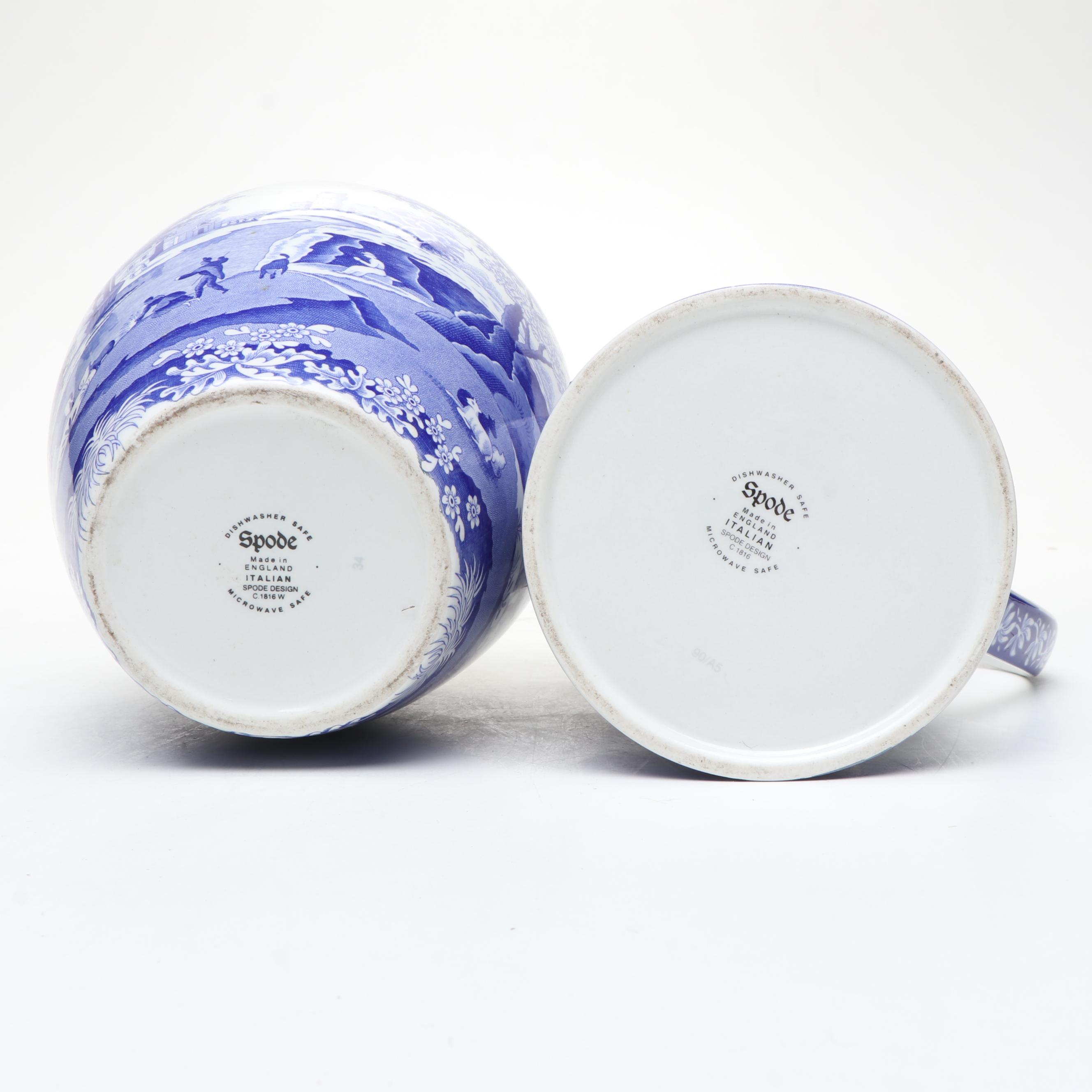 Spode "Italian" Ceramic Vase on Wood Base with Ceramic Pitcher and Footed Bowl