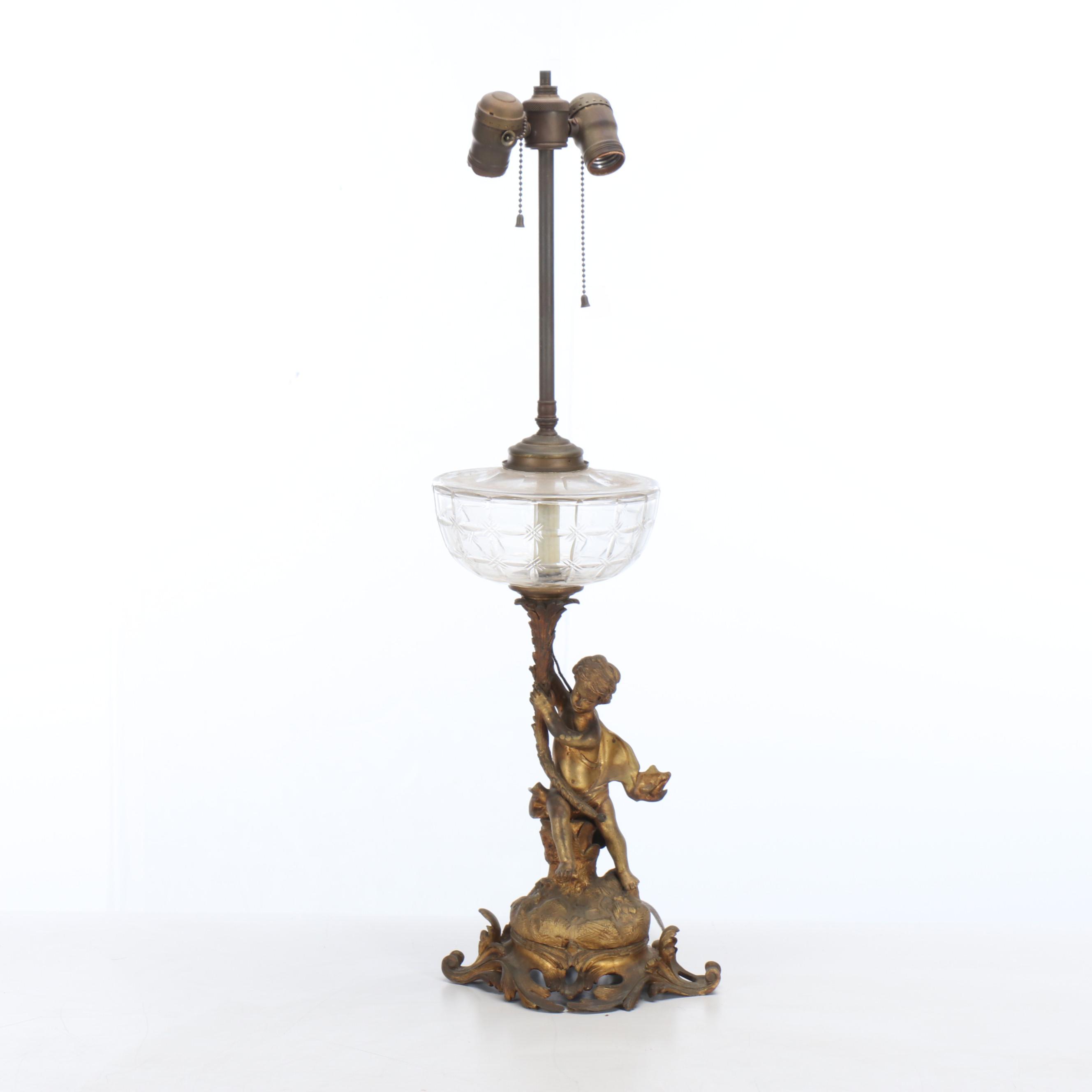 Giltmetal and Glass Font Putto Table Lamp with Drum Shade