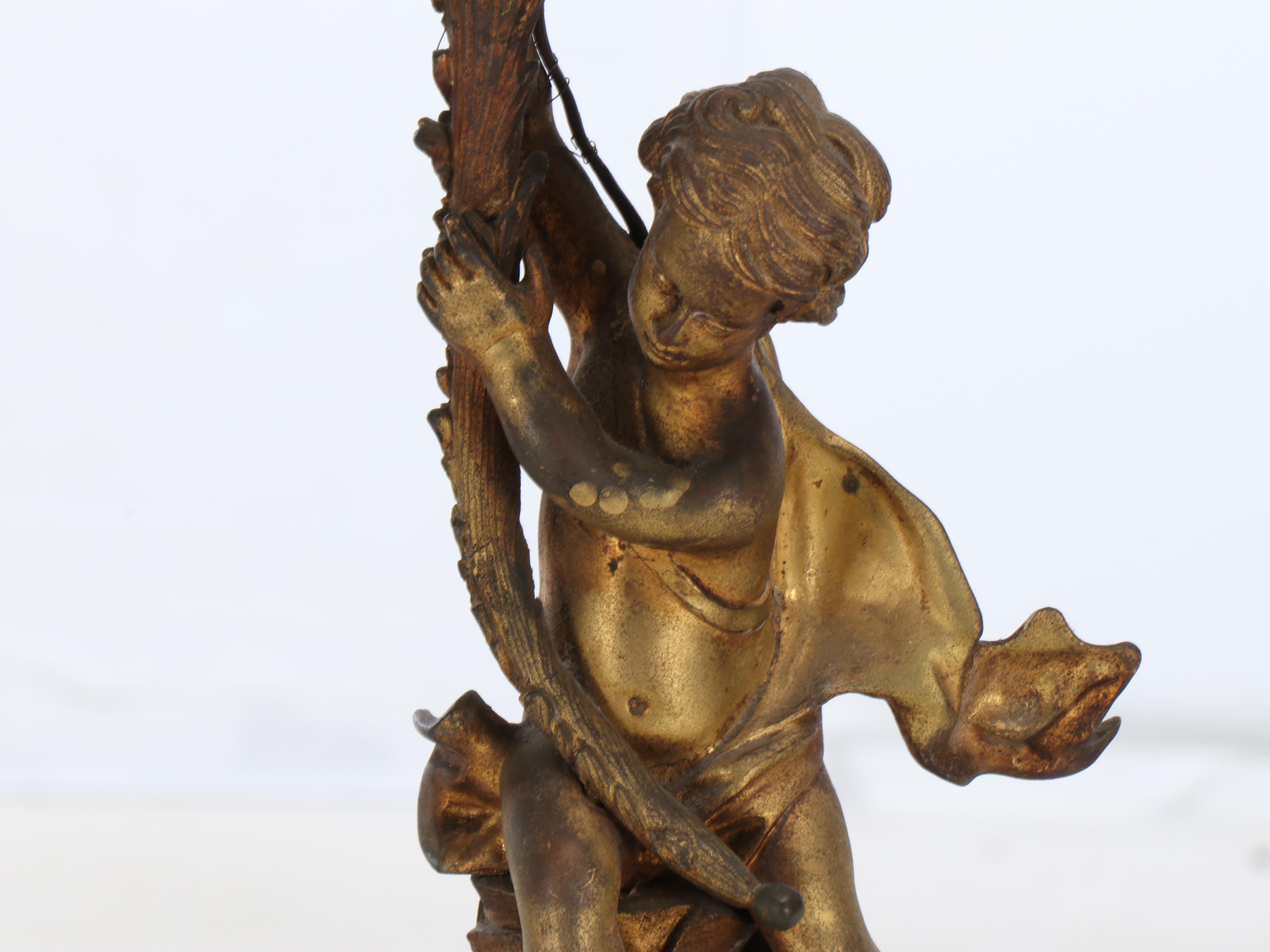 Giltmetal and Glass Font Putto Table Lamp with Drum Shade