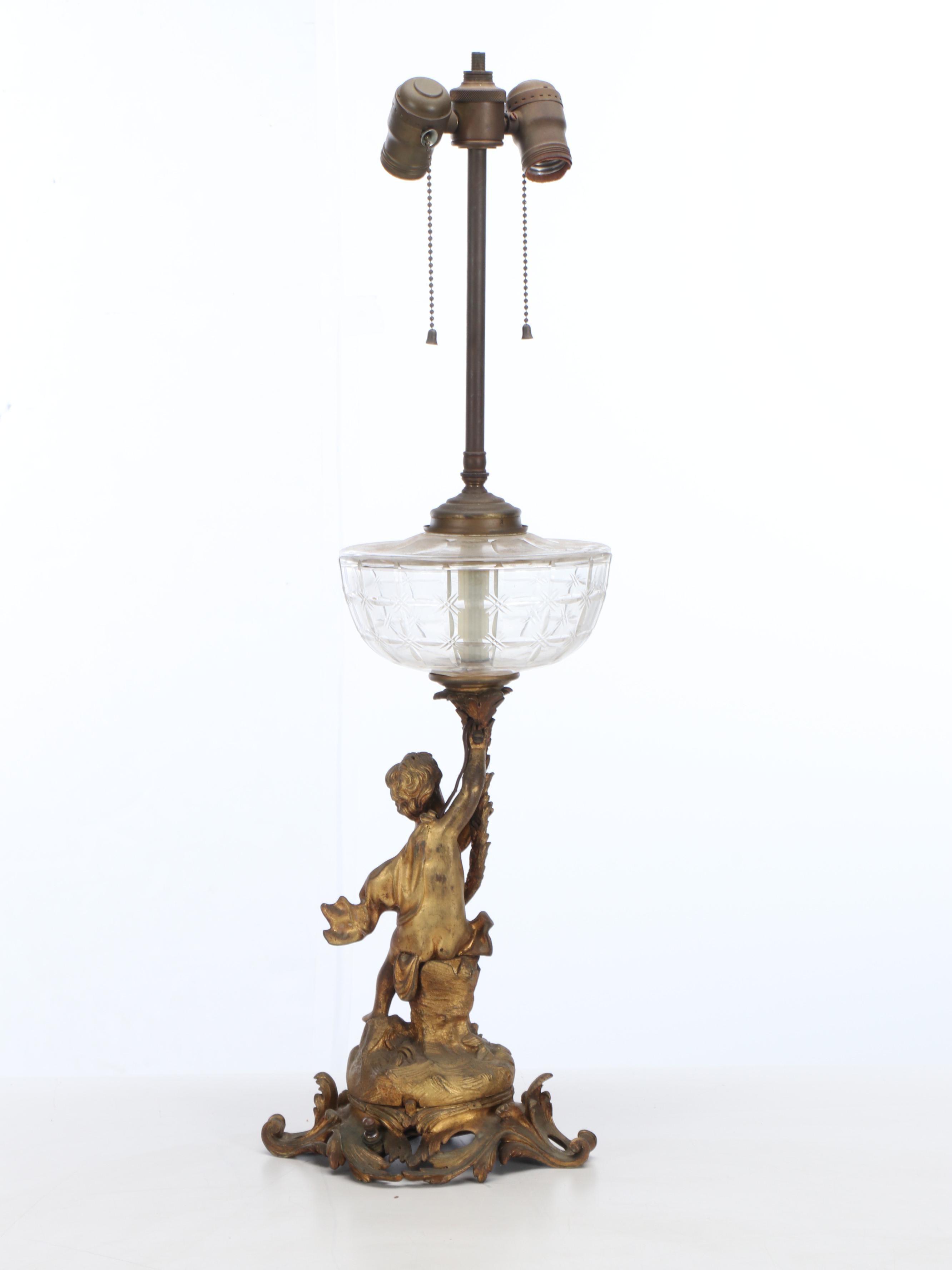 Giltmetal and Glass Font Putto Table Lamp with Drum Shade