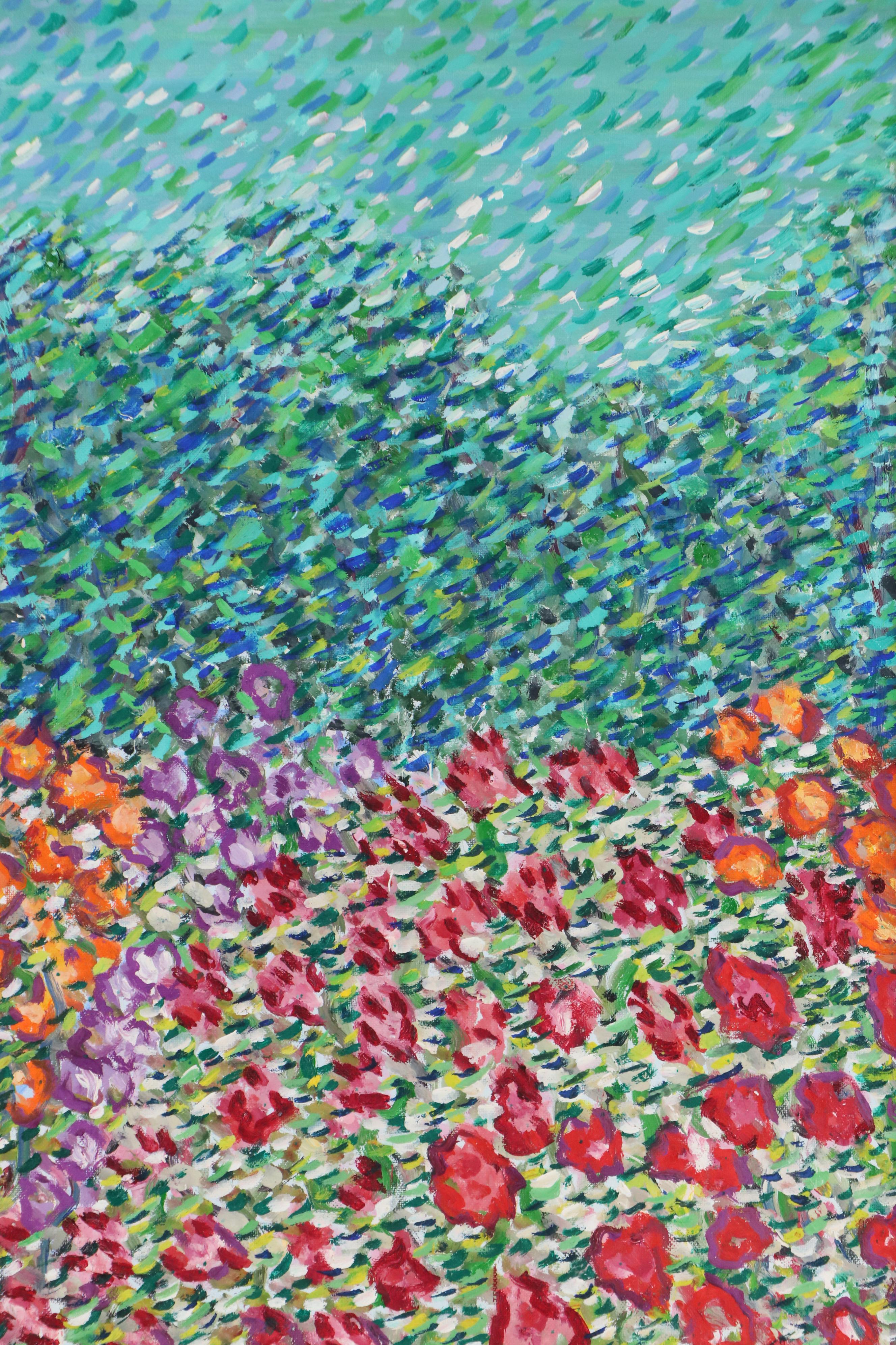 Janice Guttman Stylized Acrylic Painting with Flowers "England," 1991