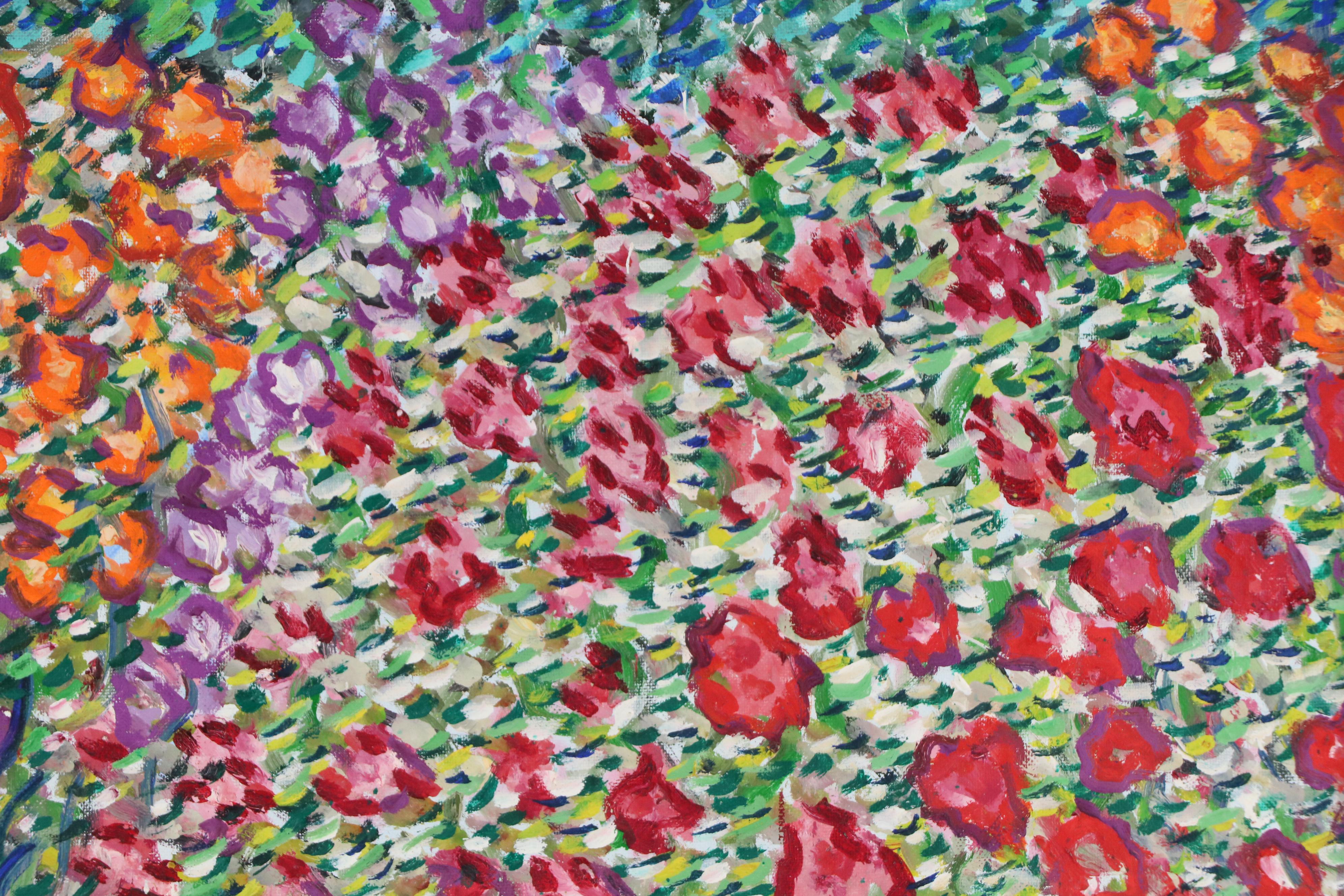 Janice Guttman Stylized Acrylic Painting with Flowers "England," 1991