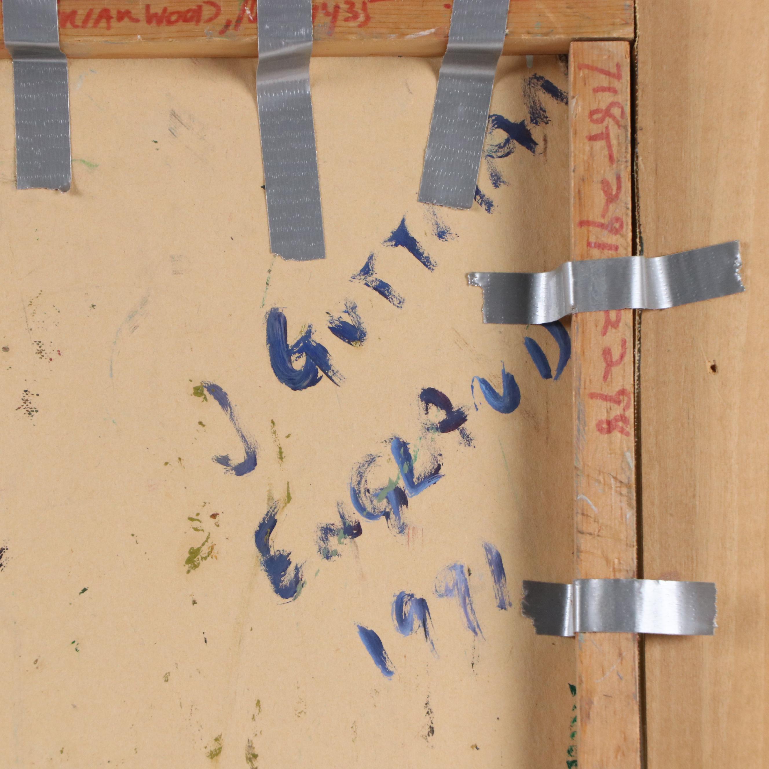 Janice Guttman Stylized Acrylic Painting with Flowers "England," 1991