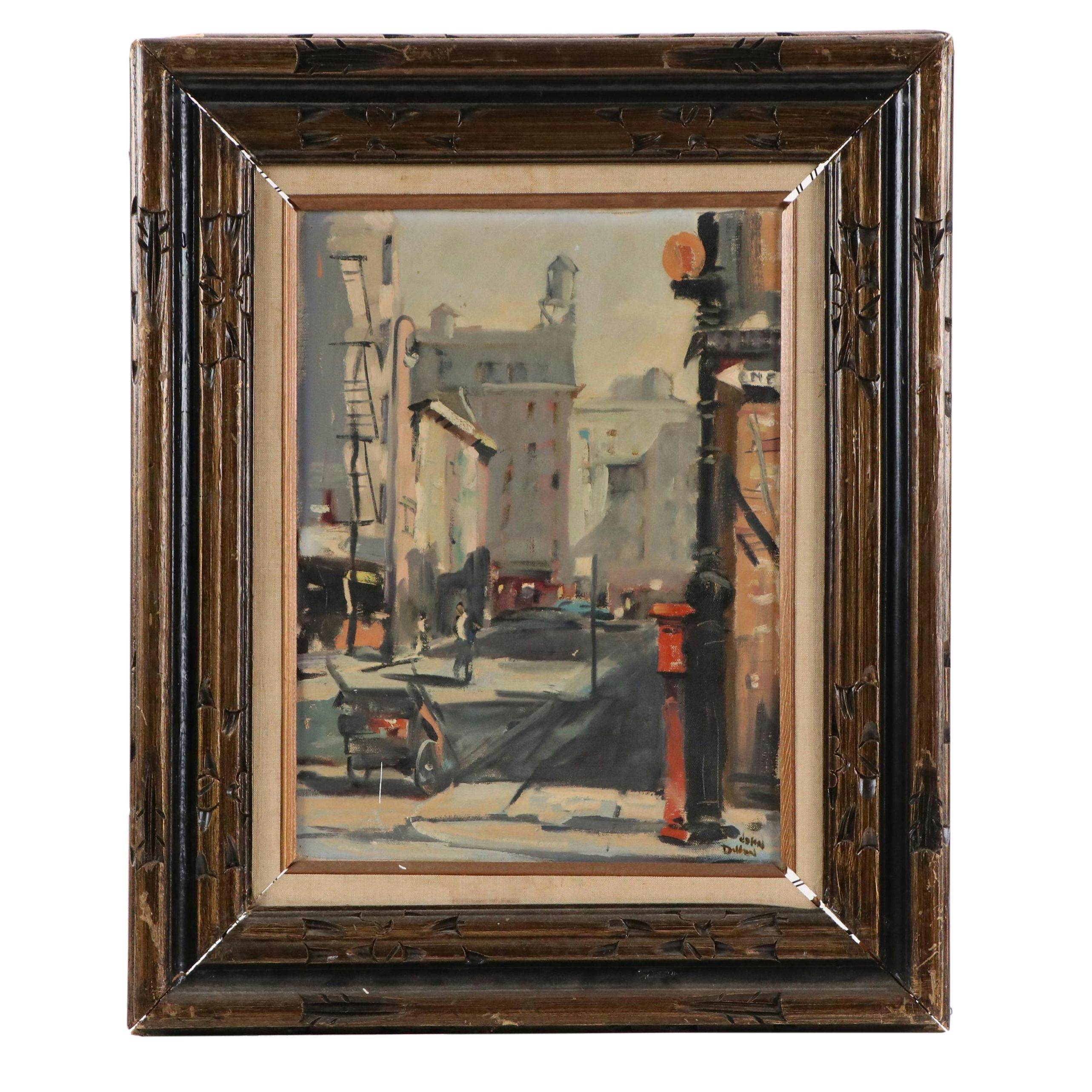 John Dillon Impressionist Style Oil Painting of City Street with Cart
