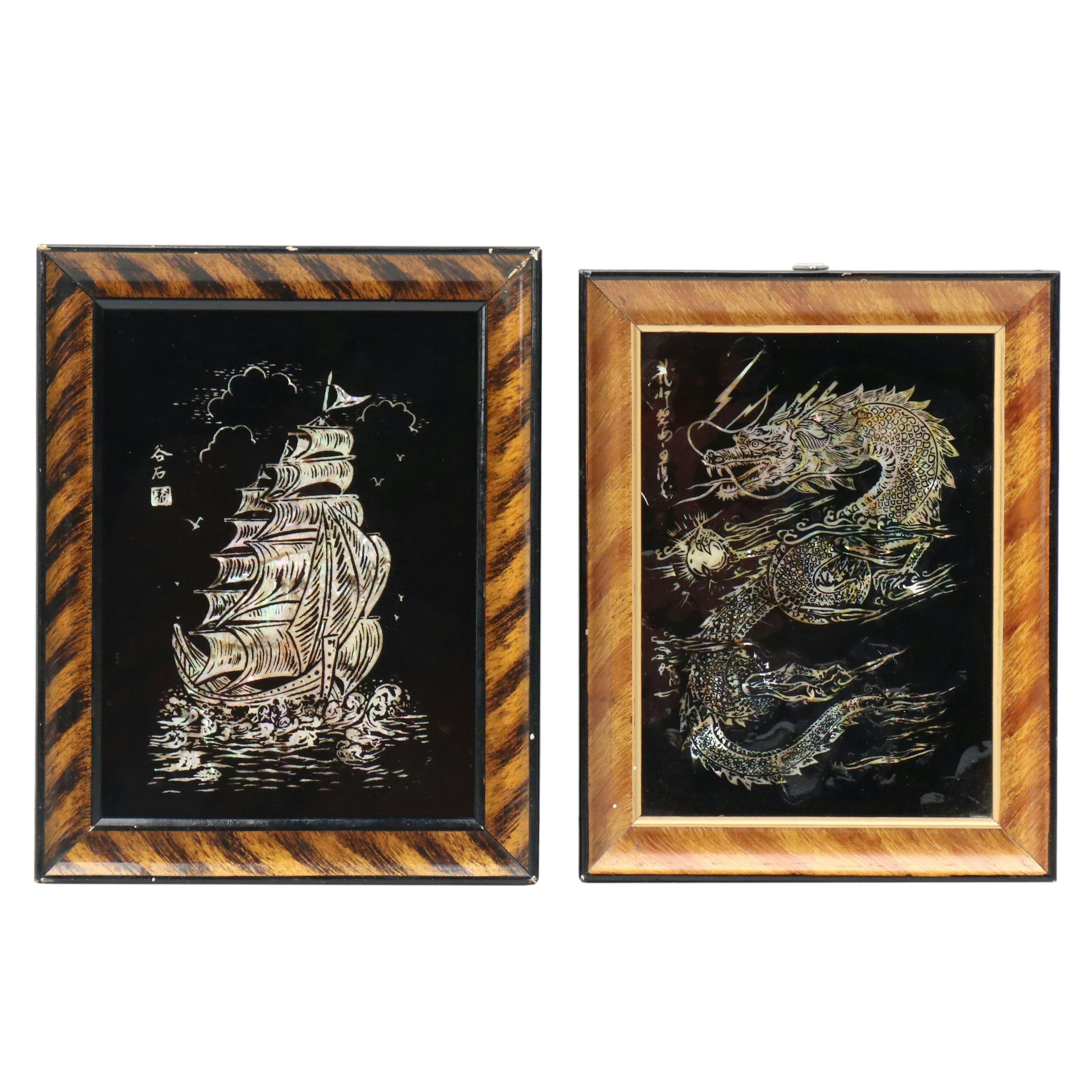 East Asian Reverse Glass on MOP and Abalone Panels Depicting Ship and Dragon
