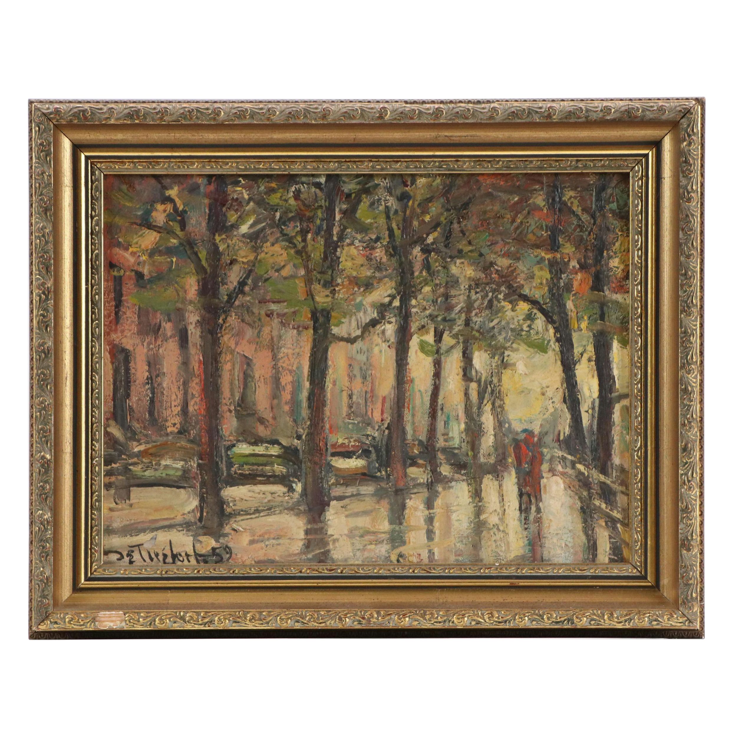 Impressionist Style Impasto Oil Painting of Figures on Tree-Lined Street, 1959