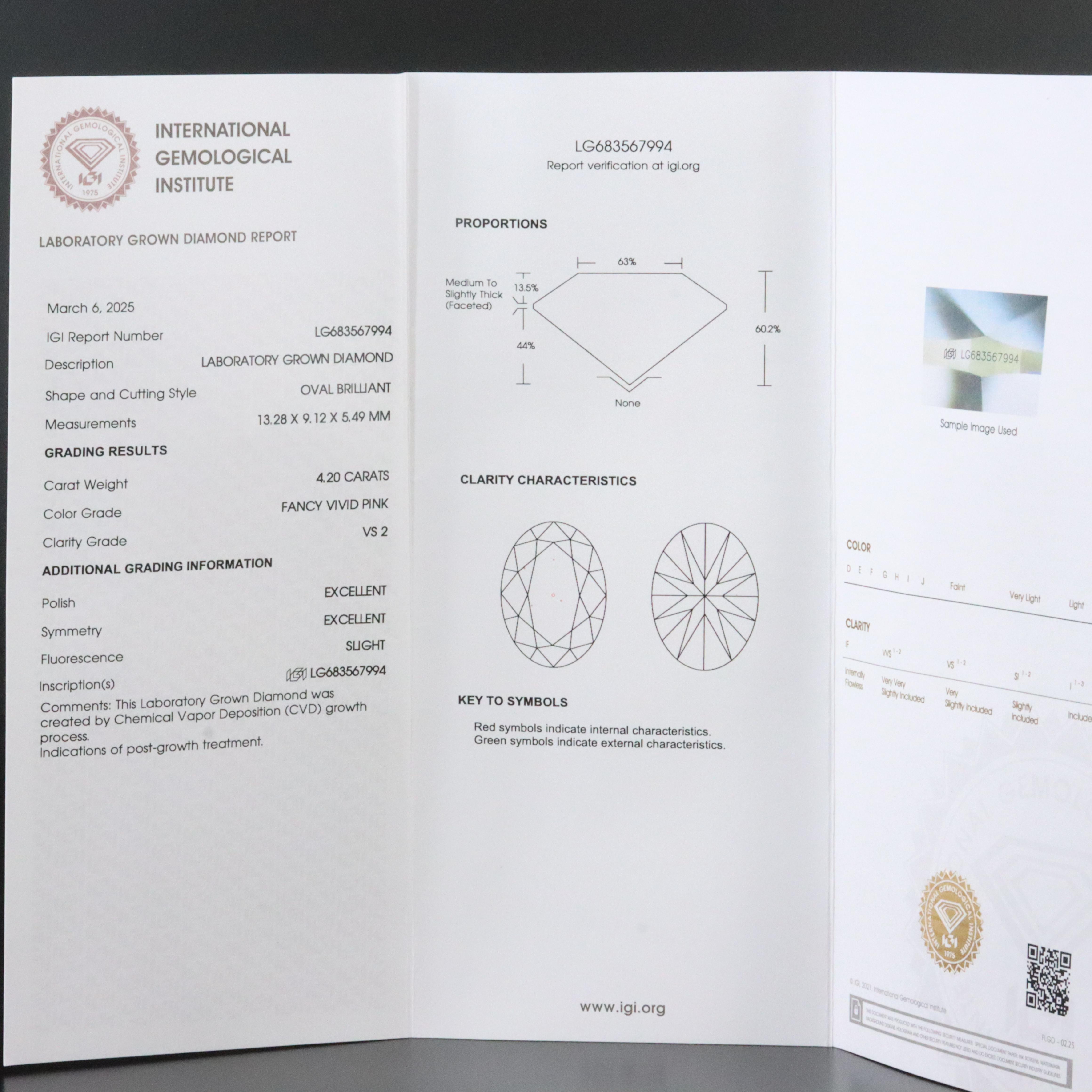 Platinum 4.20 CT Lab Grown Fancy Vivid Pink Diamond Ring with an IGI Report