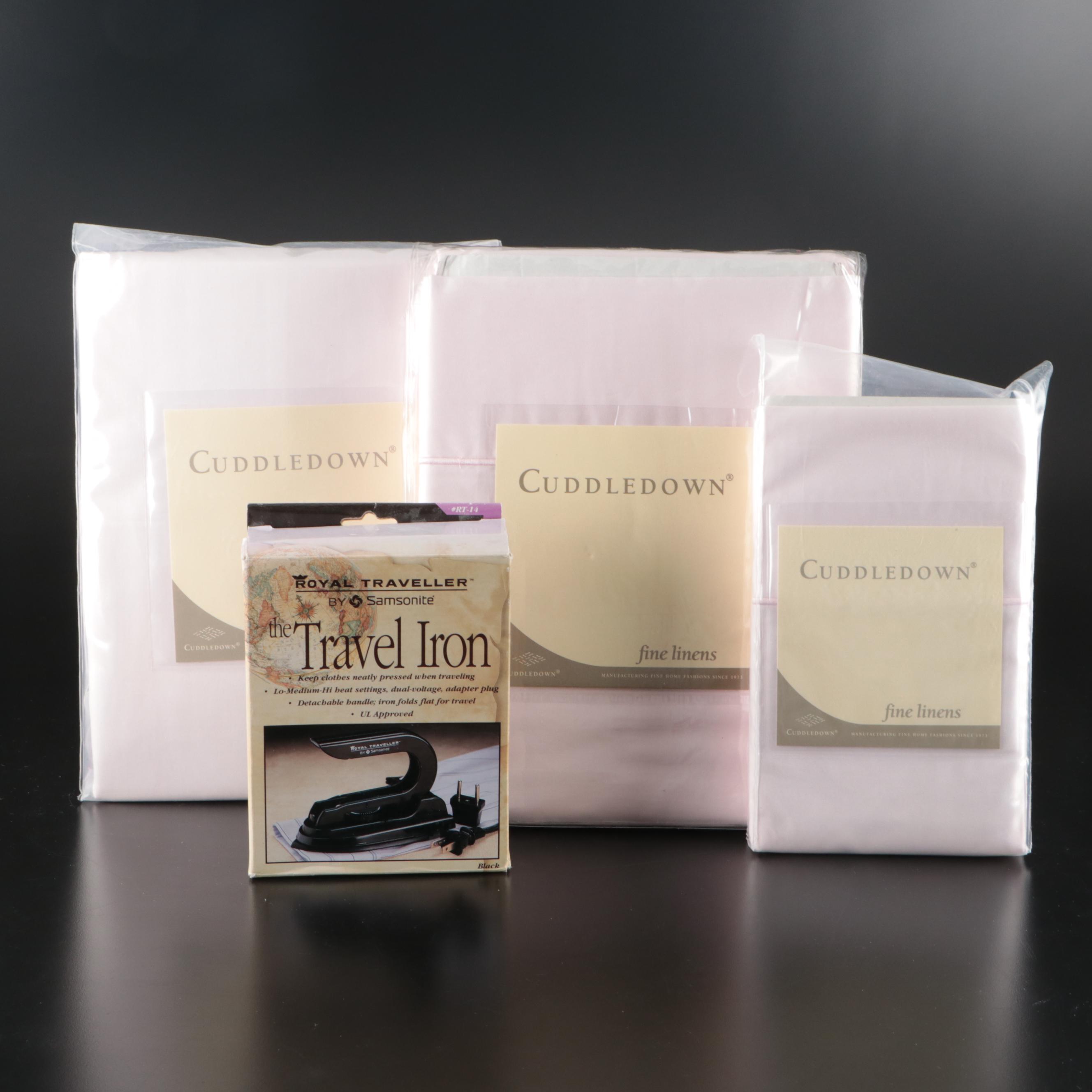 Travel Iron with Cuddledown Fitted Sheet, Flat Sheet and Standard Pillowcase