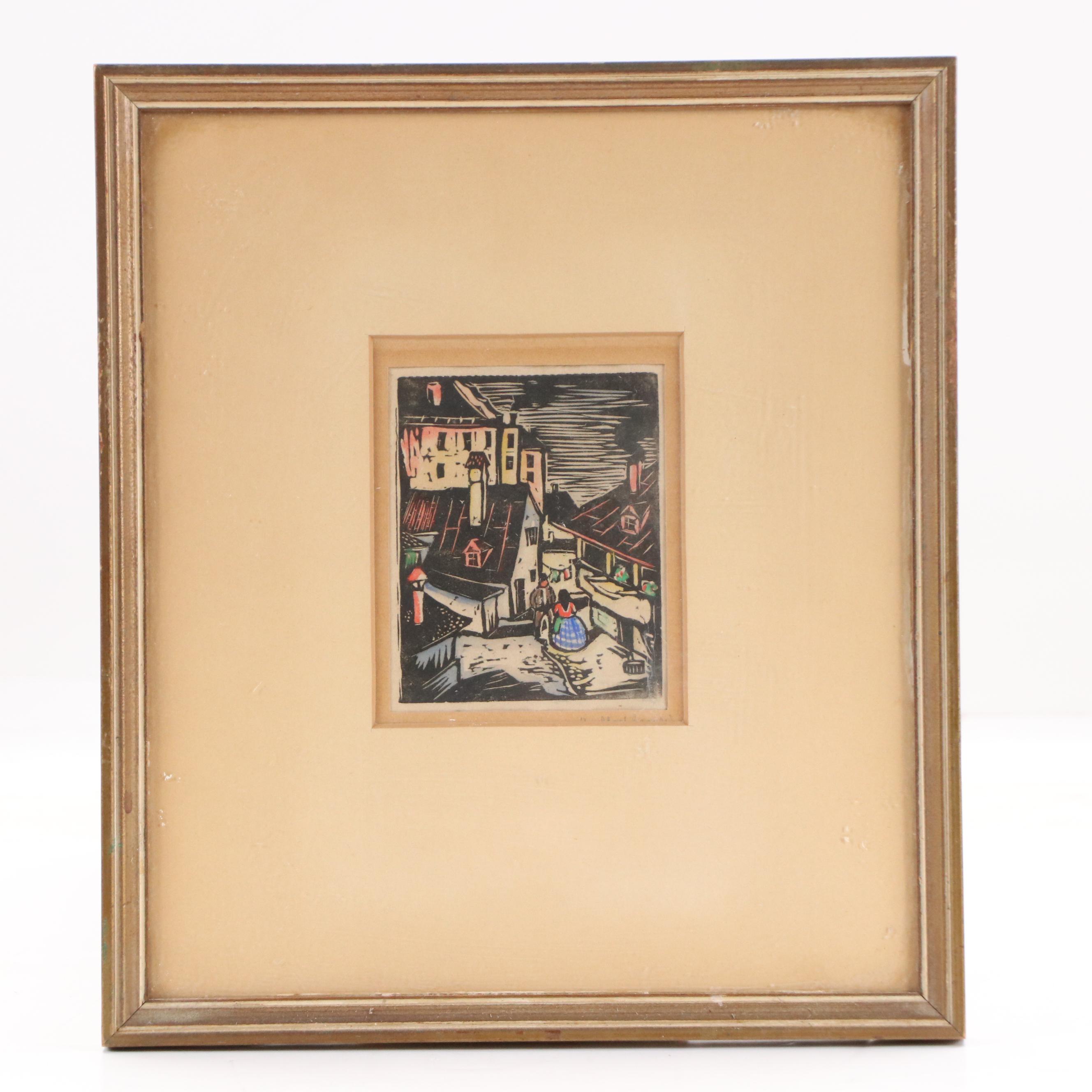 G. G. Sedlmair Hand-Colored Woodcuts of Village Scenes, Mid-20th Century