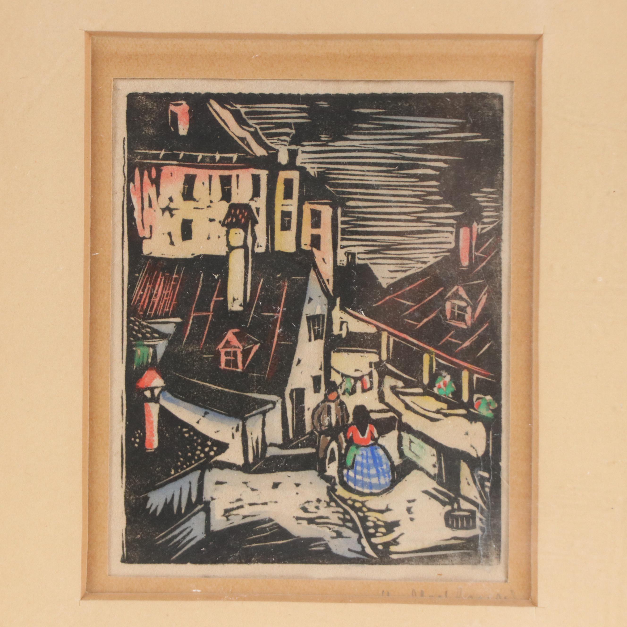 G. G. Sedlmair Hand-Colored Woodcuts of Village Scenes, Mid-20th Century