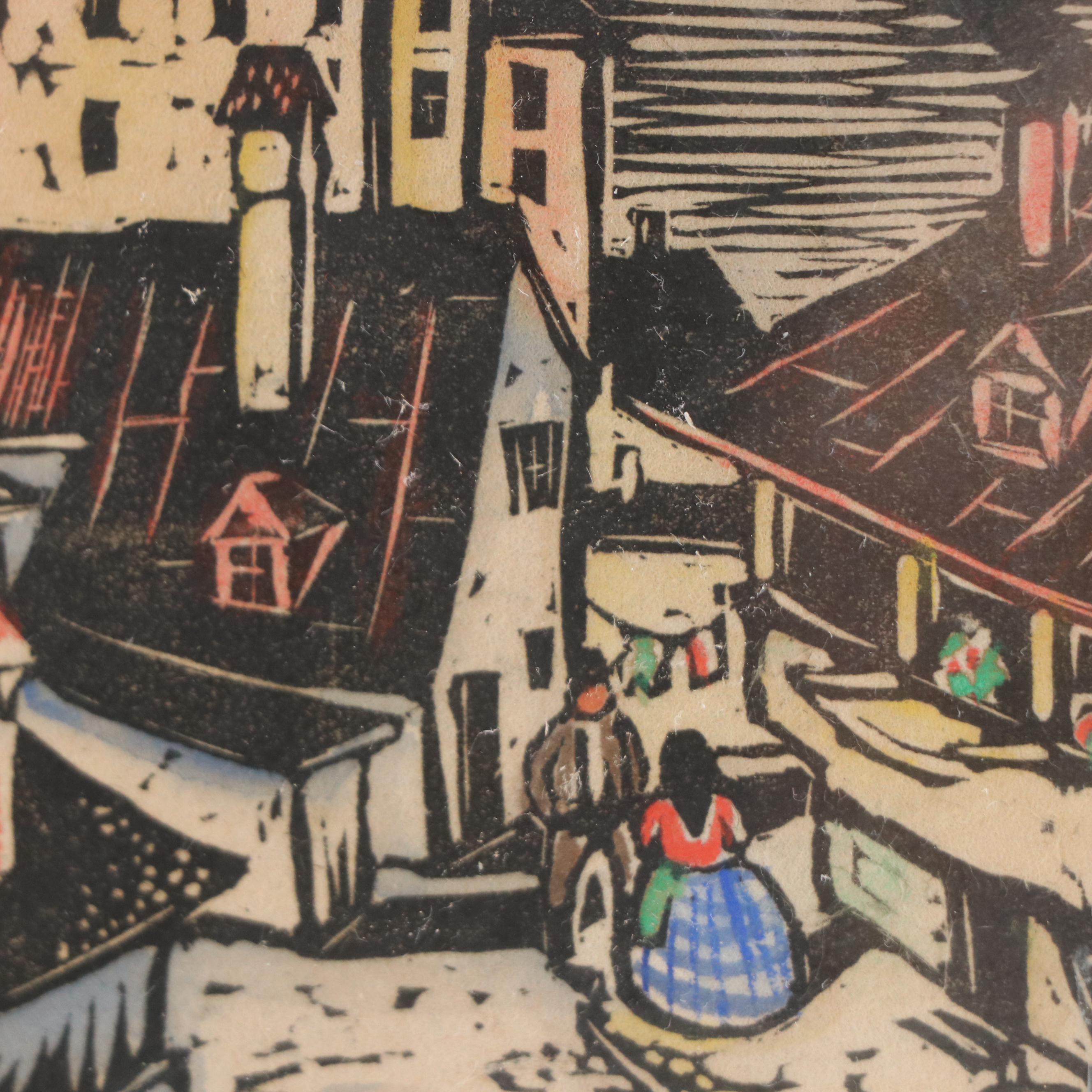 G. G. Sedlmair Hand-Colored Woodcuts of Village Scenes, Mid-20th Century