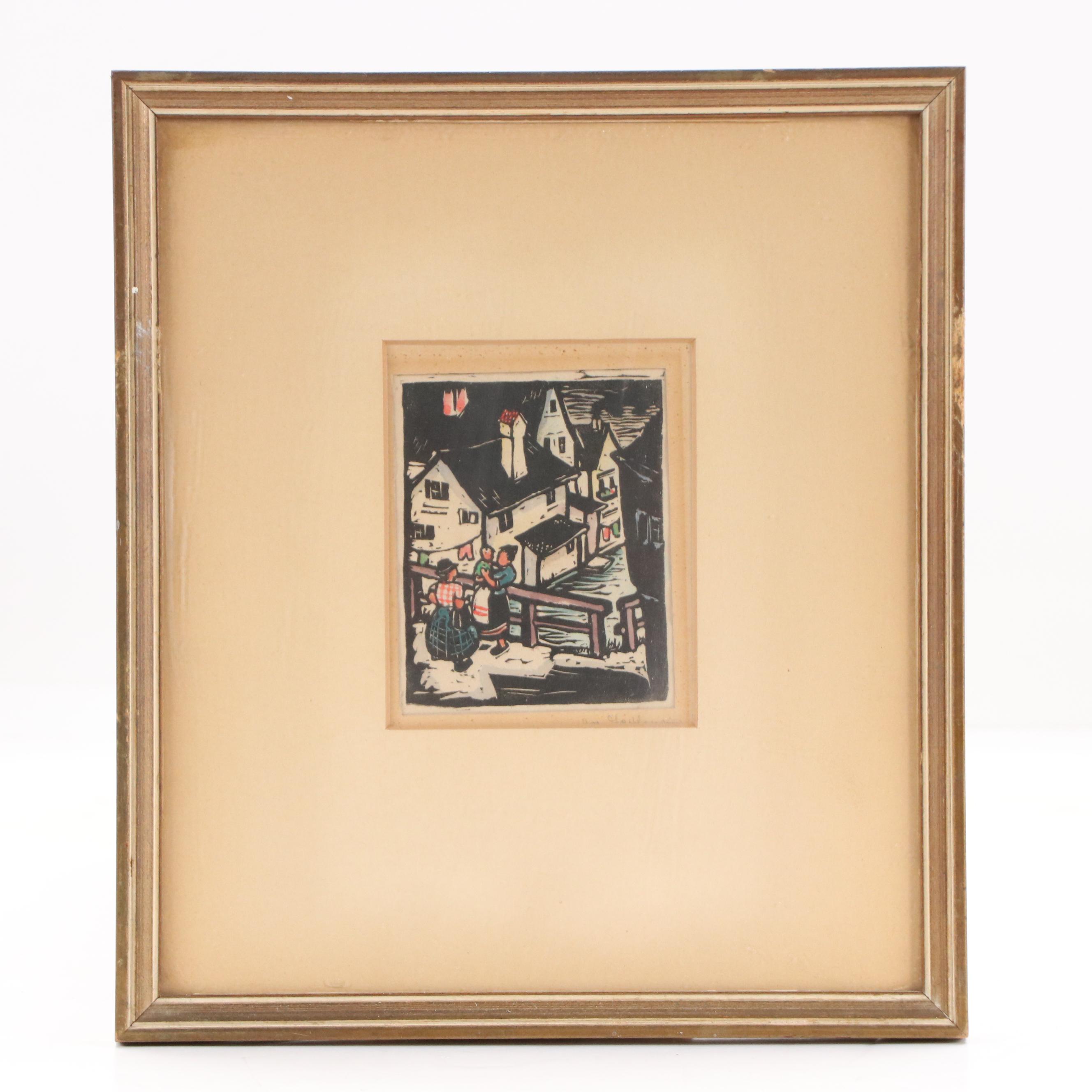 G. G. Sedlmair Hand-Colored Woodcuts of Village Scenes, Mid-20th Century