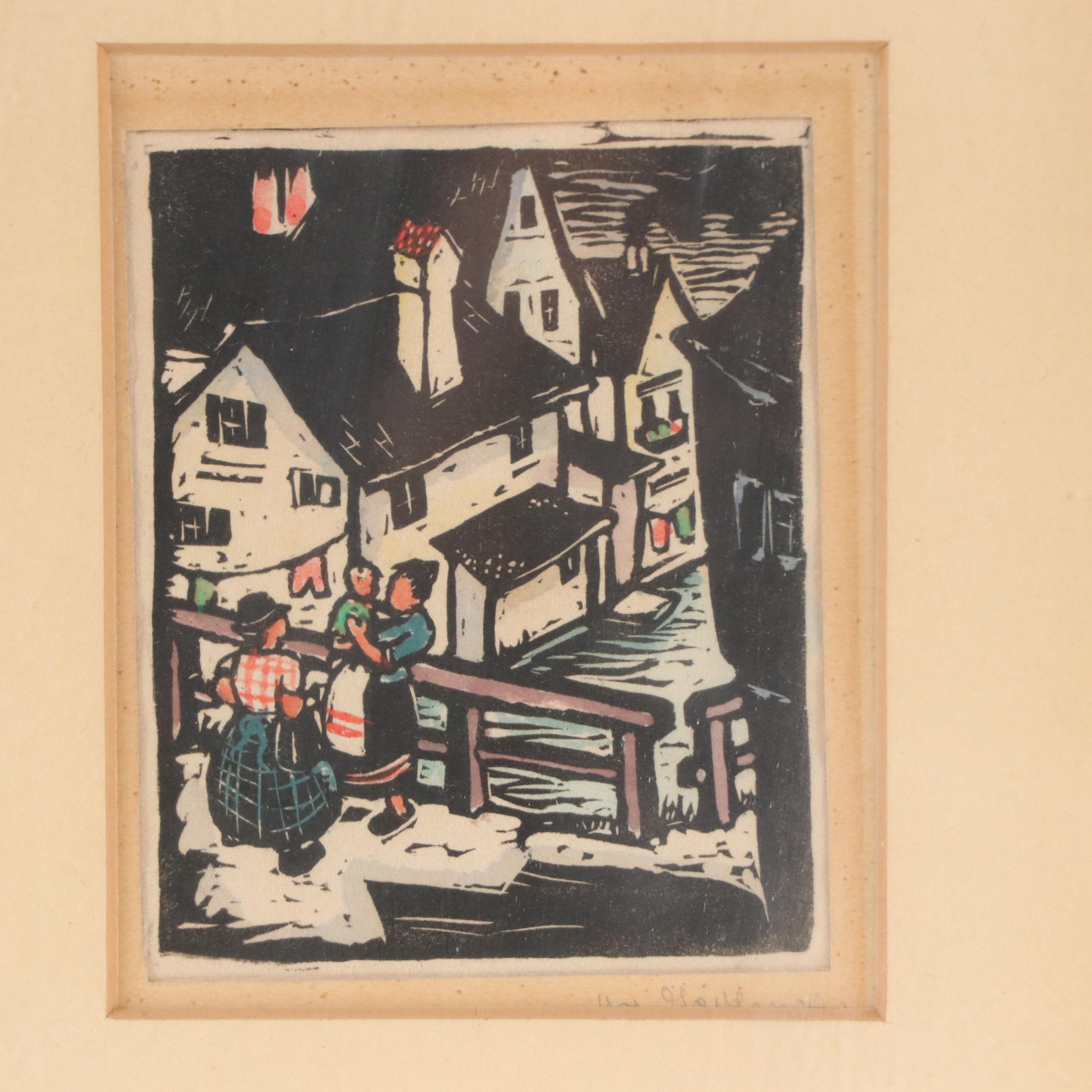 G. G. Sedlmair Hand-Colored Woodcuts of Village Scenes, Mid-20th Century