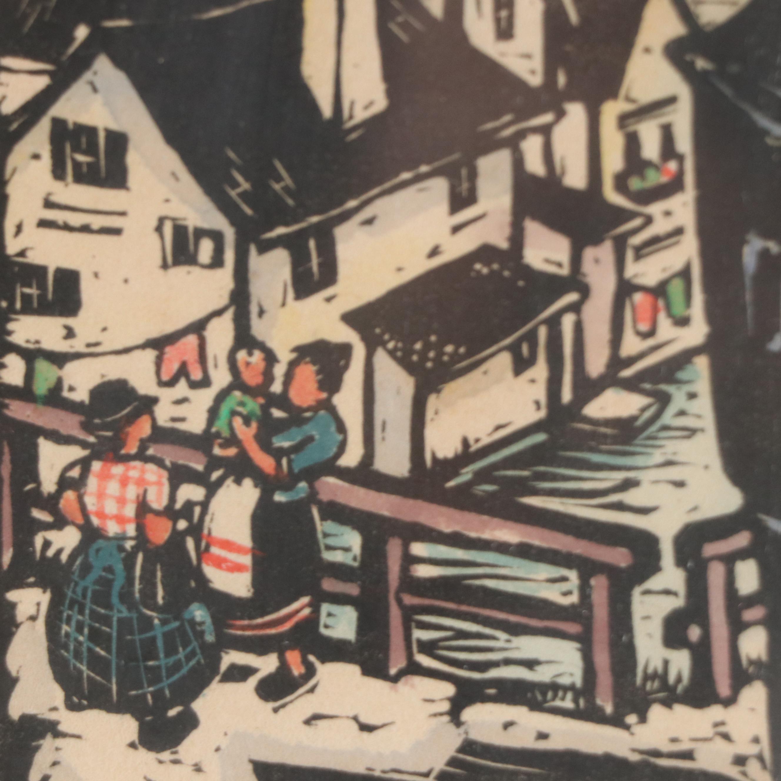 G. G. Sedlmair Hand-Colored Woodcuts of Village Scenes, Mid-20th Century