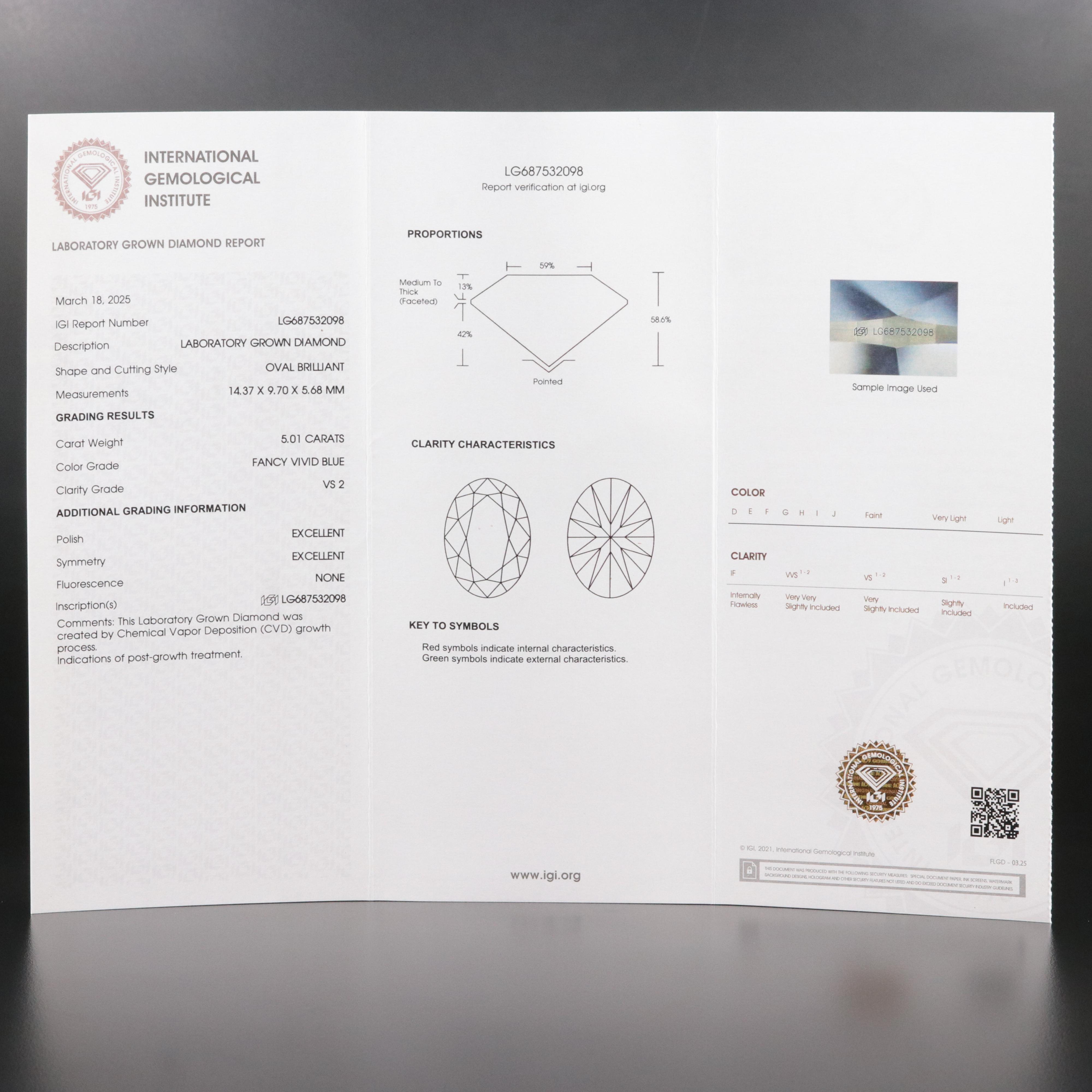 18K 5.01 CT Fancy Vivid Blue Lab Grown Diamond Solitaire Ring with IGI Report