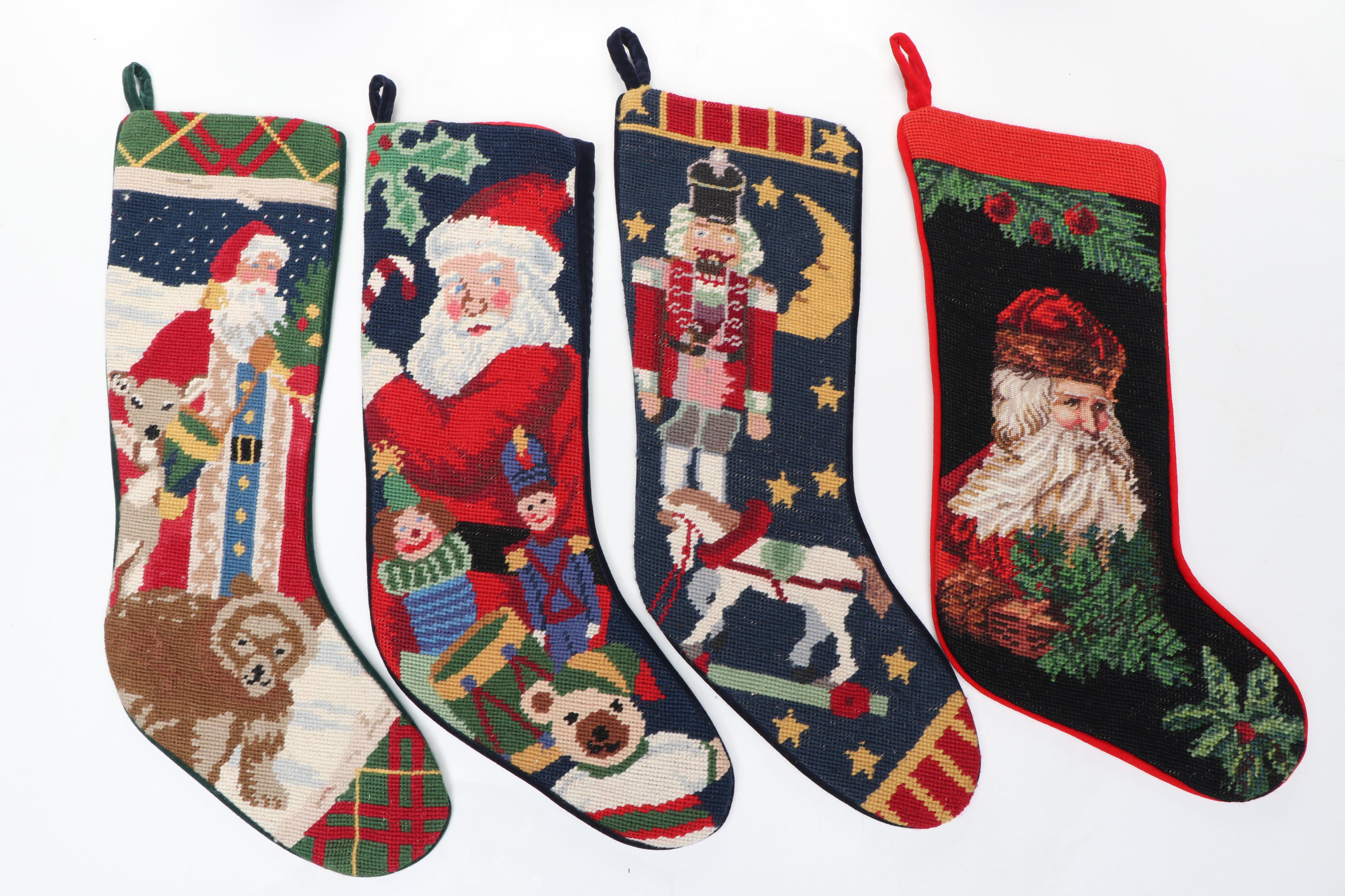 Needlepoint Faced Christmas Stockings with Other Holiday Decorations