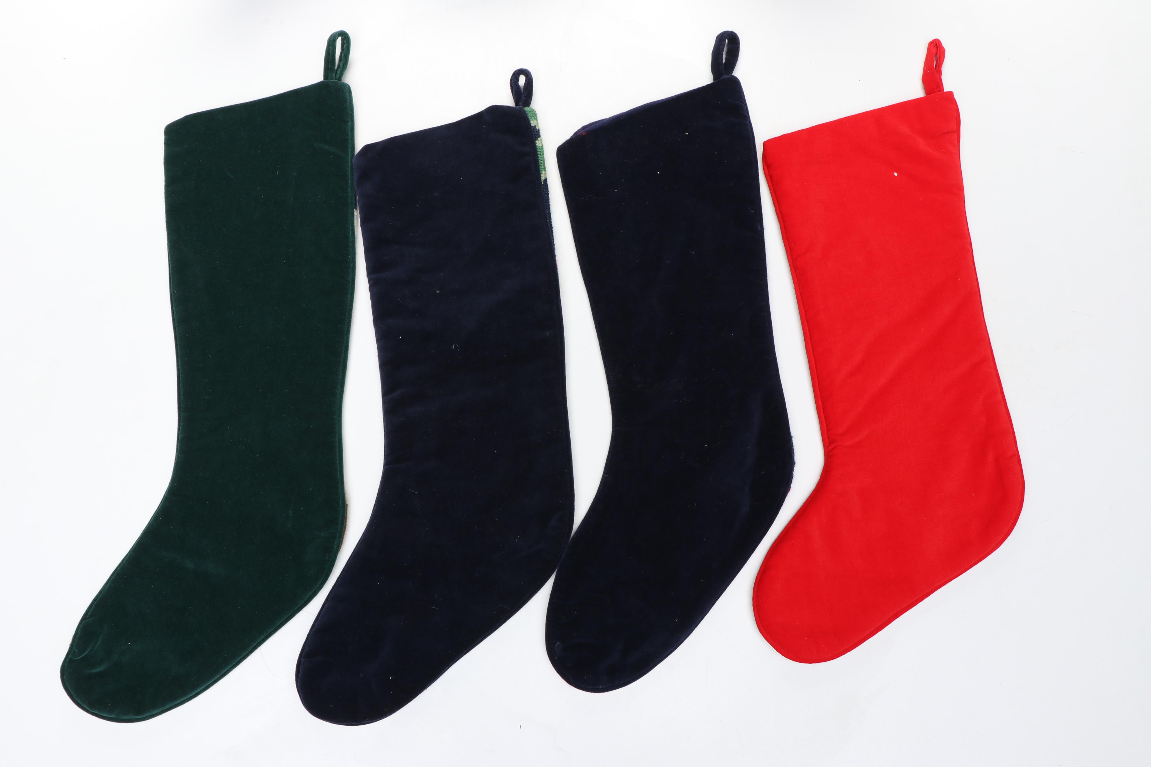 Needlepoint Faced Christmas Stockings with Other Holiday Decorations