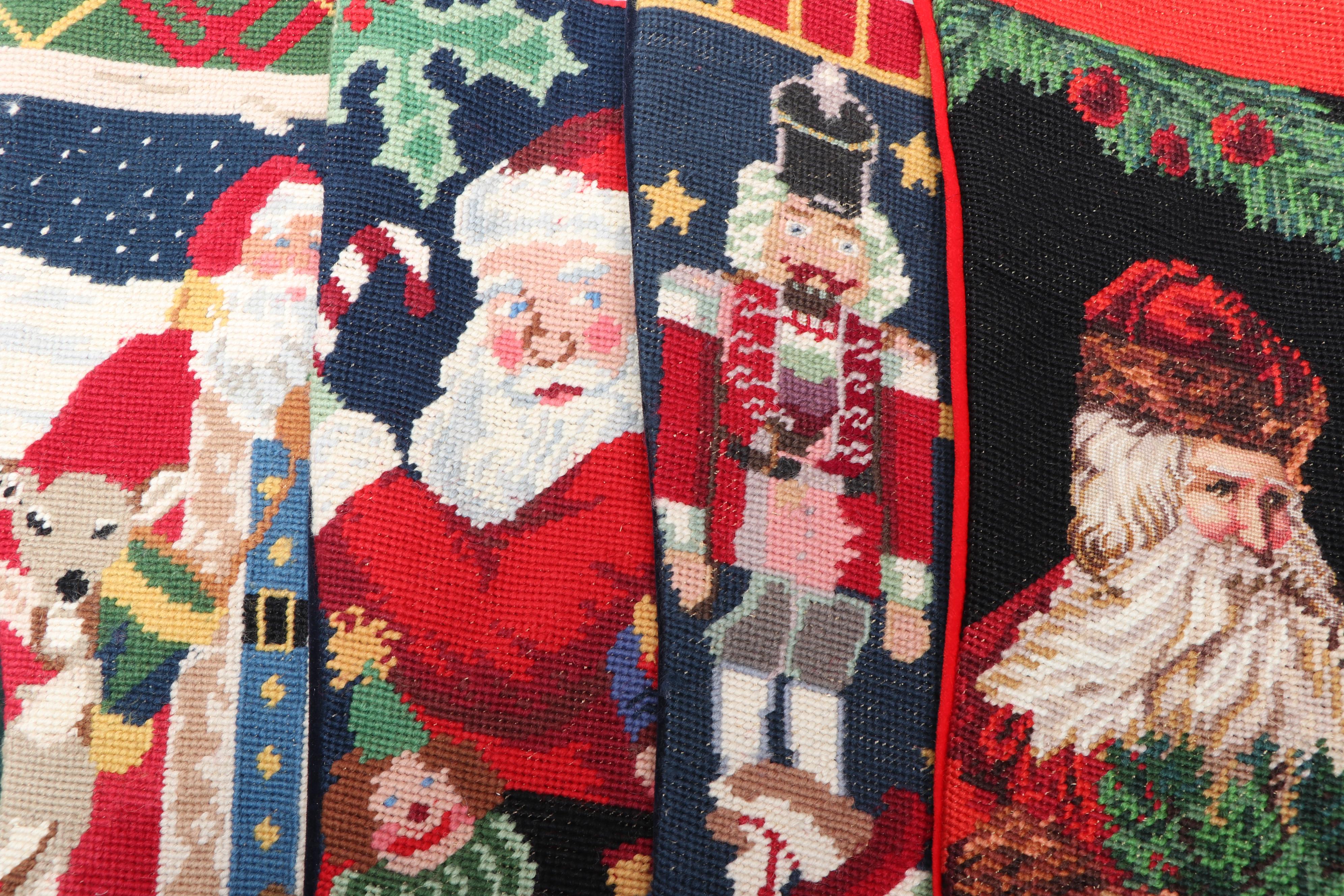 Needlepoint Faced Christmas Stockings with Other Holiday Decorations