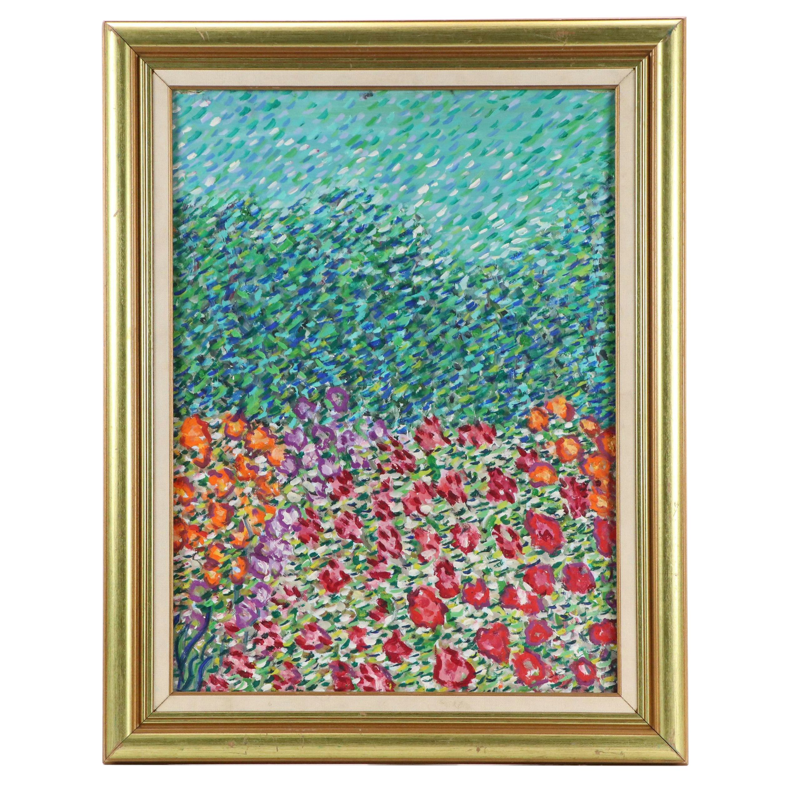 Janice Guttman Stylized Acrylic Painting with Flowers "England," 1991