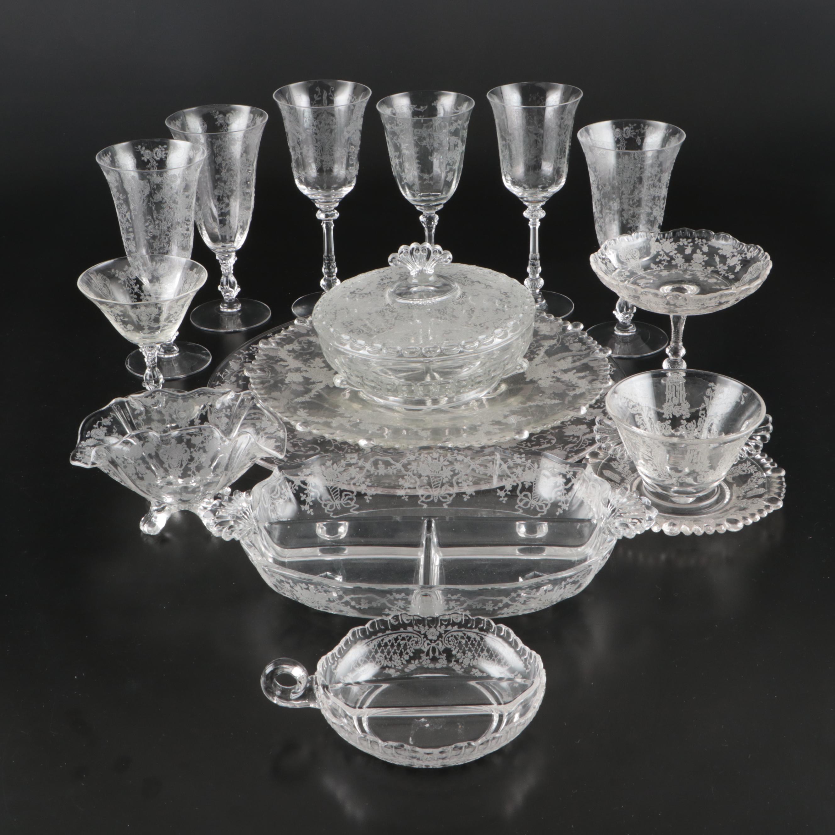 Cambridge "Rose Point" Stemware and Other Etched Glass Table Accessories