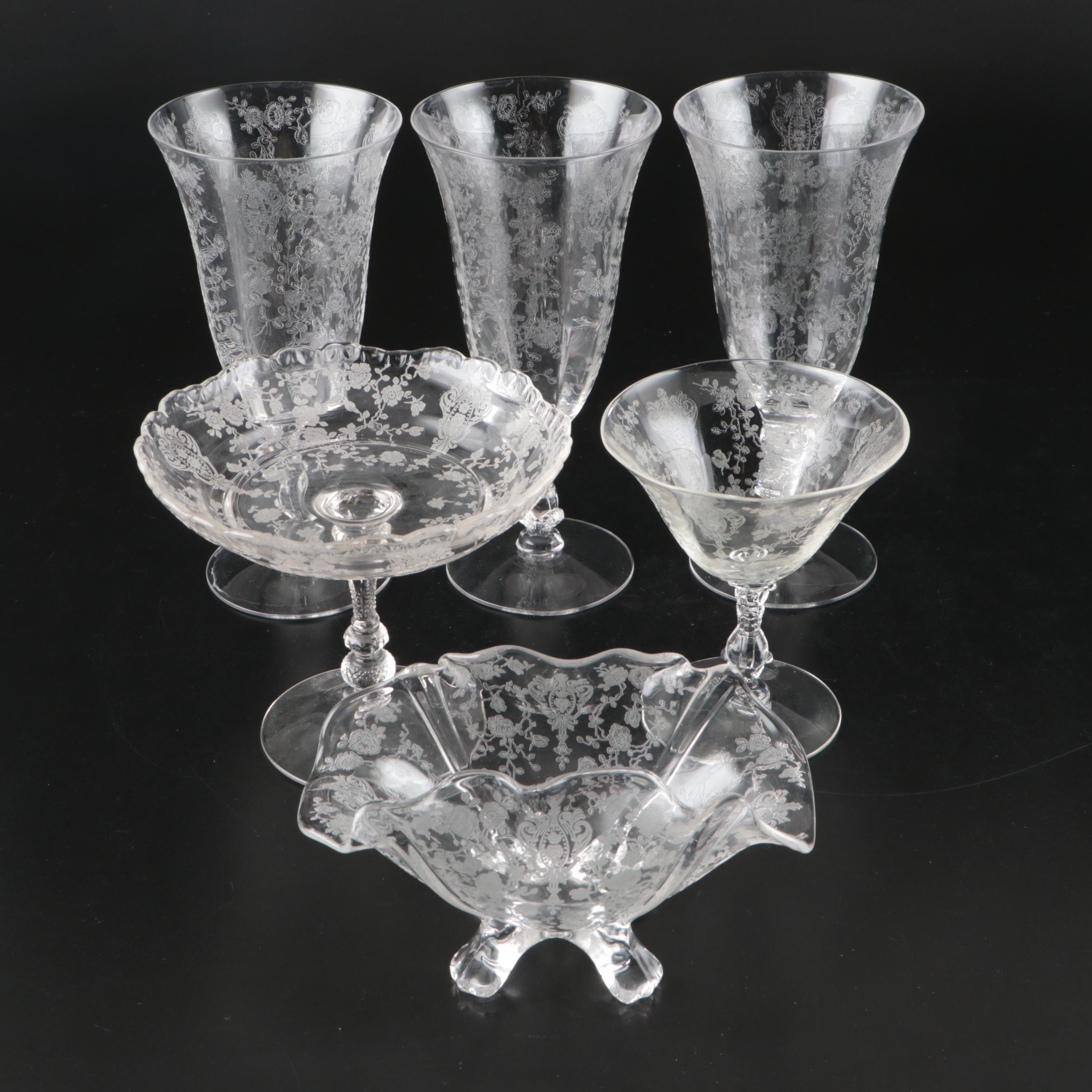 Cambridge "Rose Point" Stemware and Other Etched Glass Table Accessories