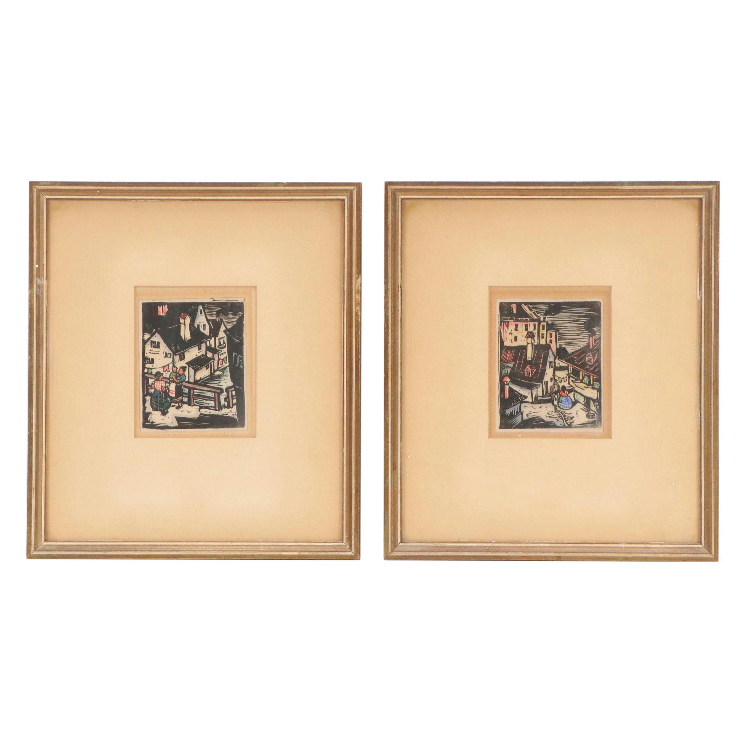 G. G. Sedlmair Hand-Colored Woodcuts of Village Scenes, Mid-20th Century