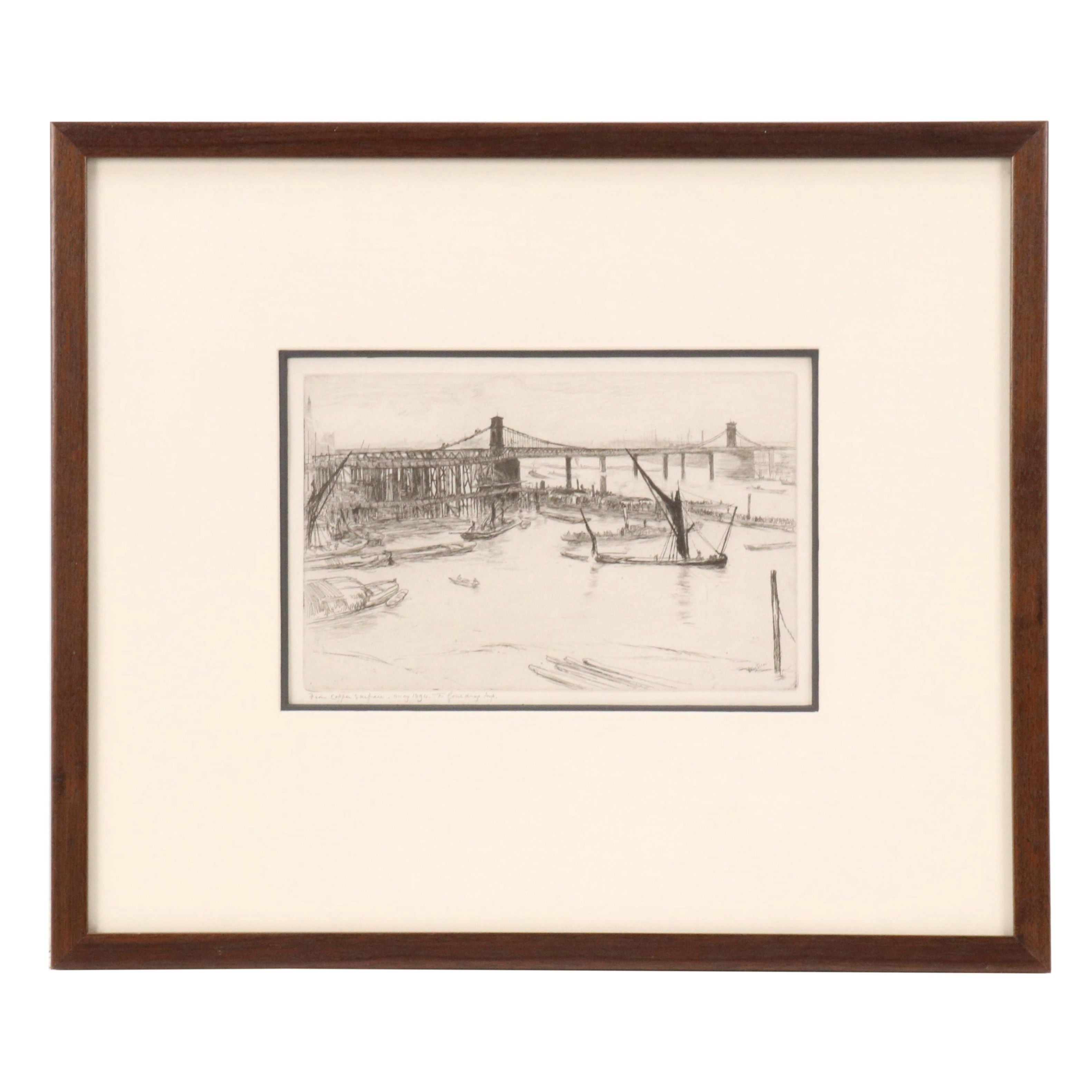 Etching by James McNeil Whistler "Old Hungerford Bridge," 1894