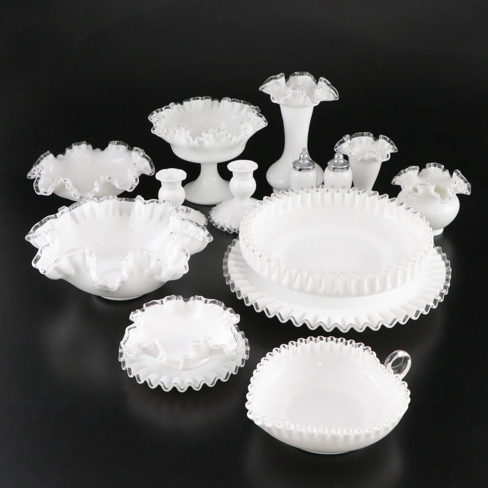 Fenton "Silver Crest" Milk Glass Ruffle Collection of Compotes, Vases and More