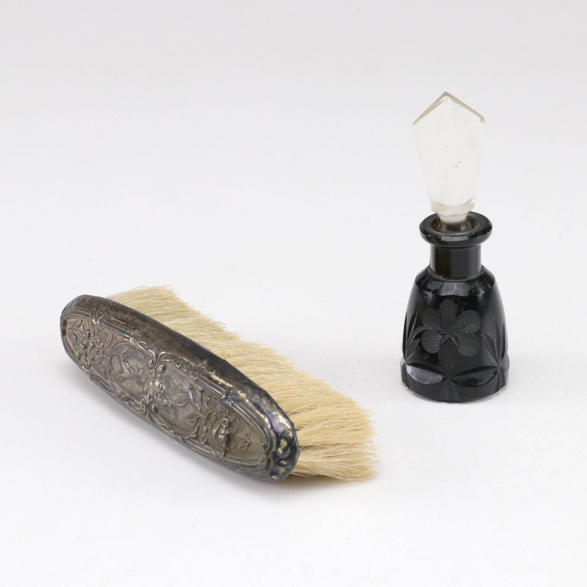 Victorian Sterling Silver Clothes Brush and Cut  Black Glass Perfume Bottle