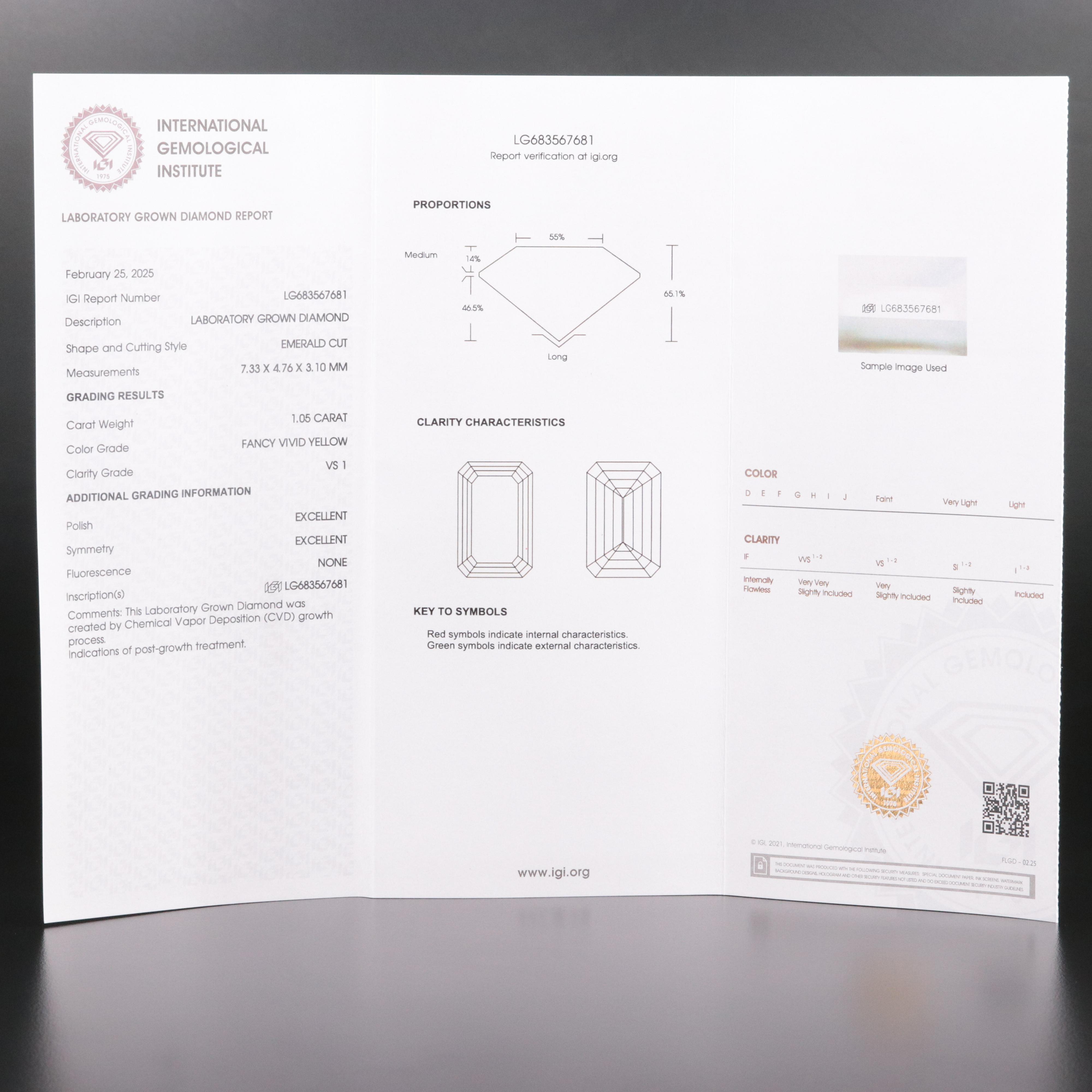 Loose 1.05 CT Lab Grown Fancy Yellow Diamond with IGI Report