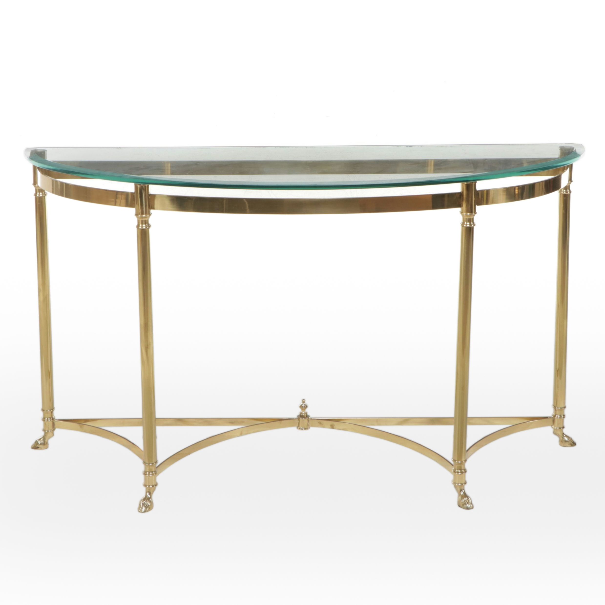 Regency Style Brass Frame Demilune Console Table with Glass Top
