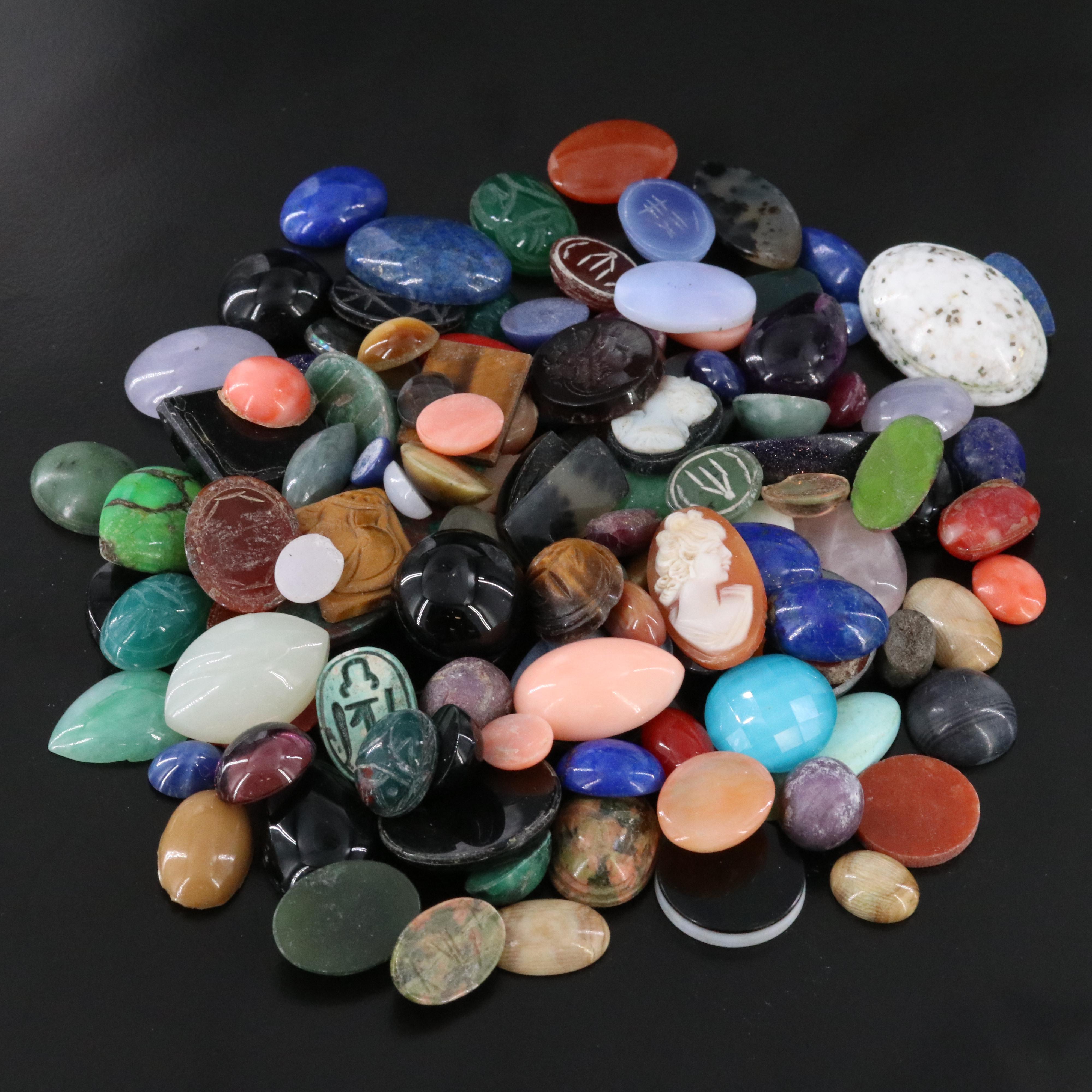 Loose Gemstone Lot Including Bloodstone, Coral and Tiger's Eye