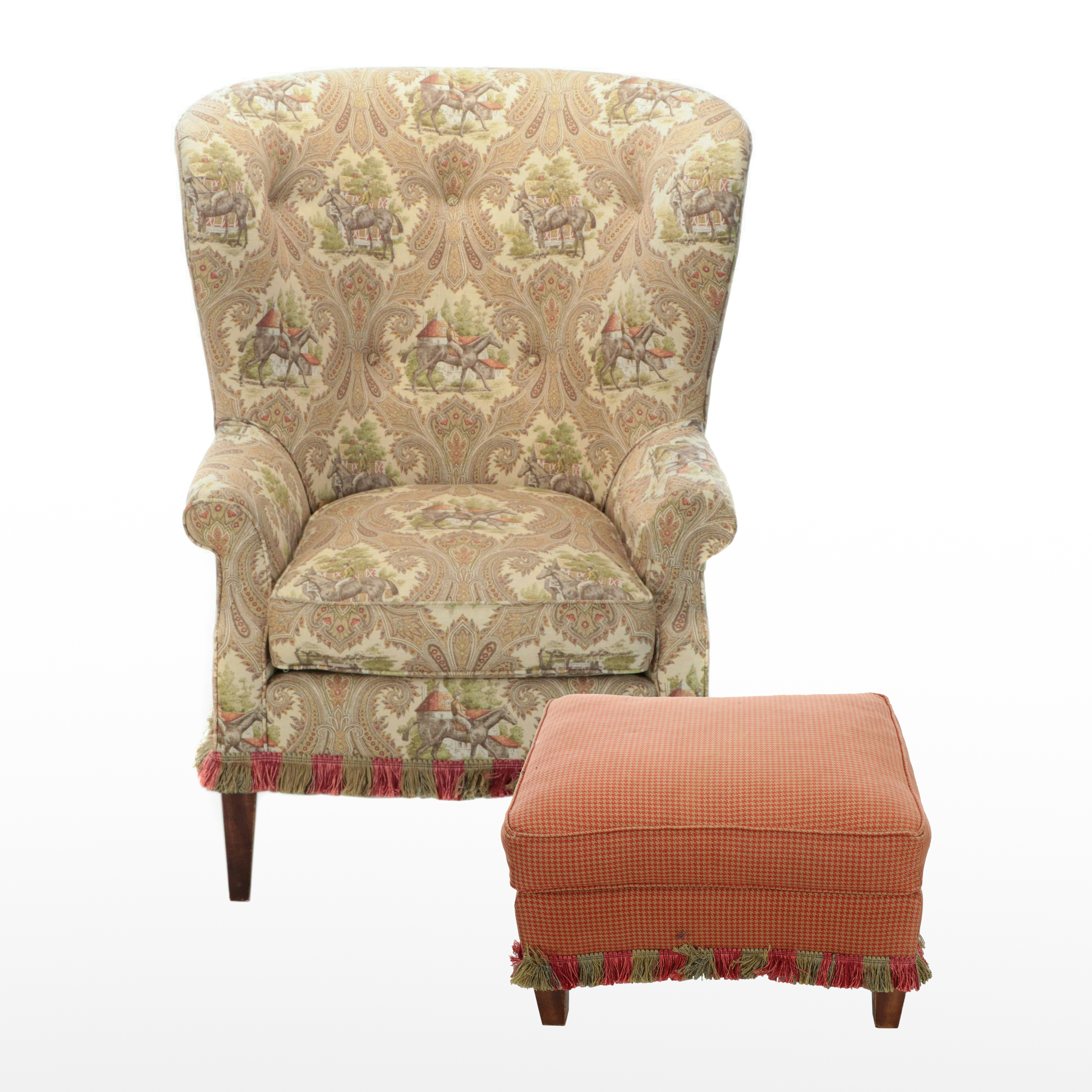 Wesley Hall Wingback Armchair in Equestrian Upholstery with Ottoman