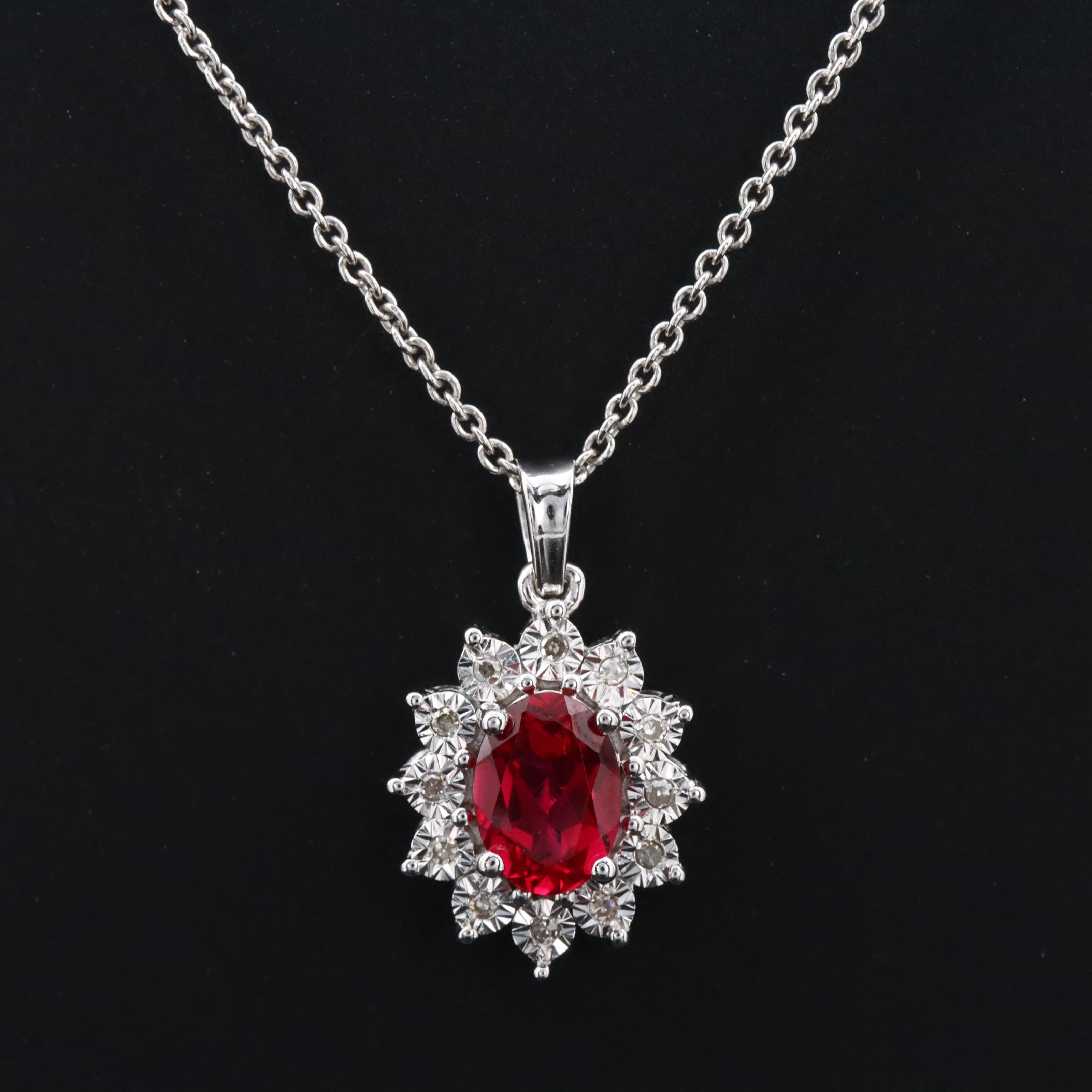 Sterling Ruby and Diamond Pendant Necklace