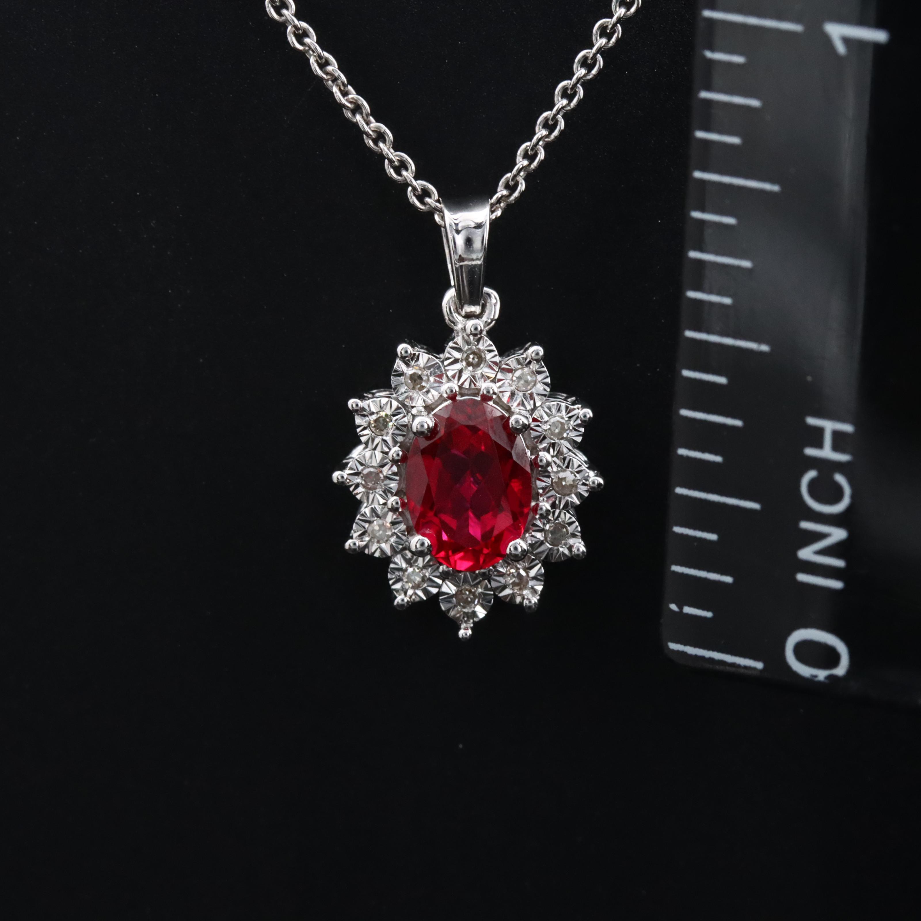 Sterling Ruby and Diamond Pendant Necklace
