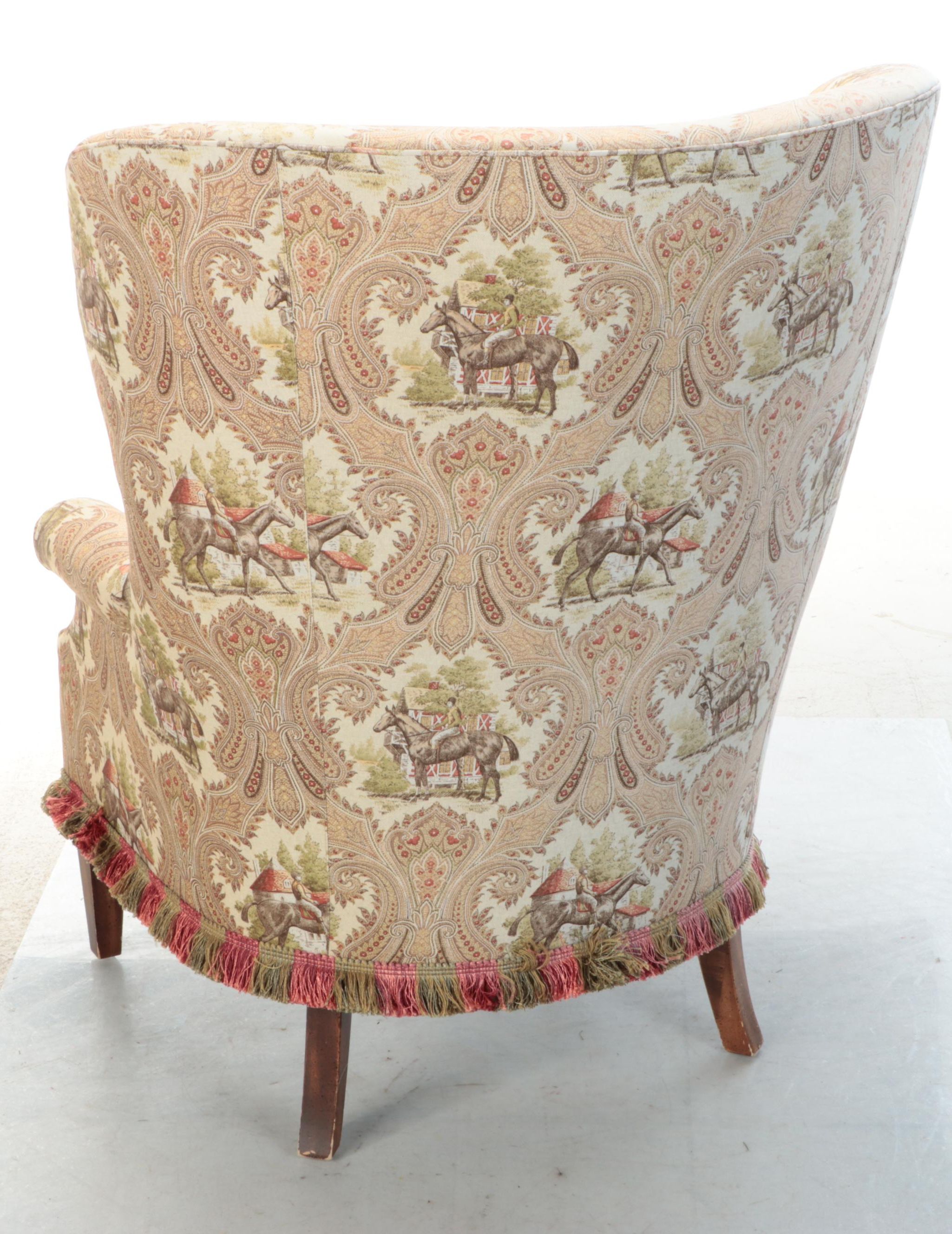 Wesley Hall Wingback Armchair in Equestrian Upholstery with Ottoman