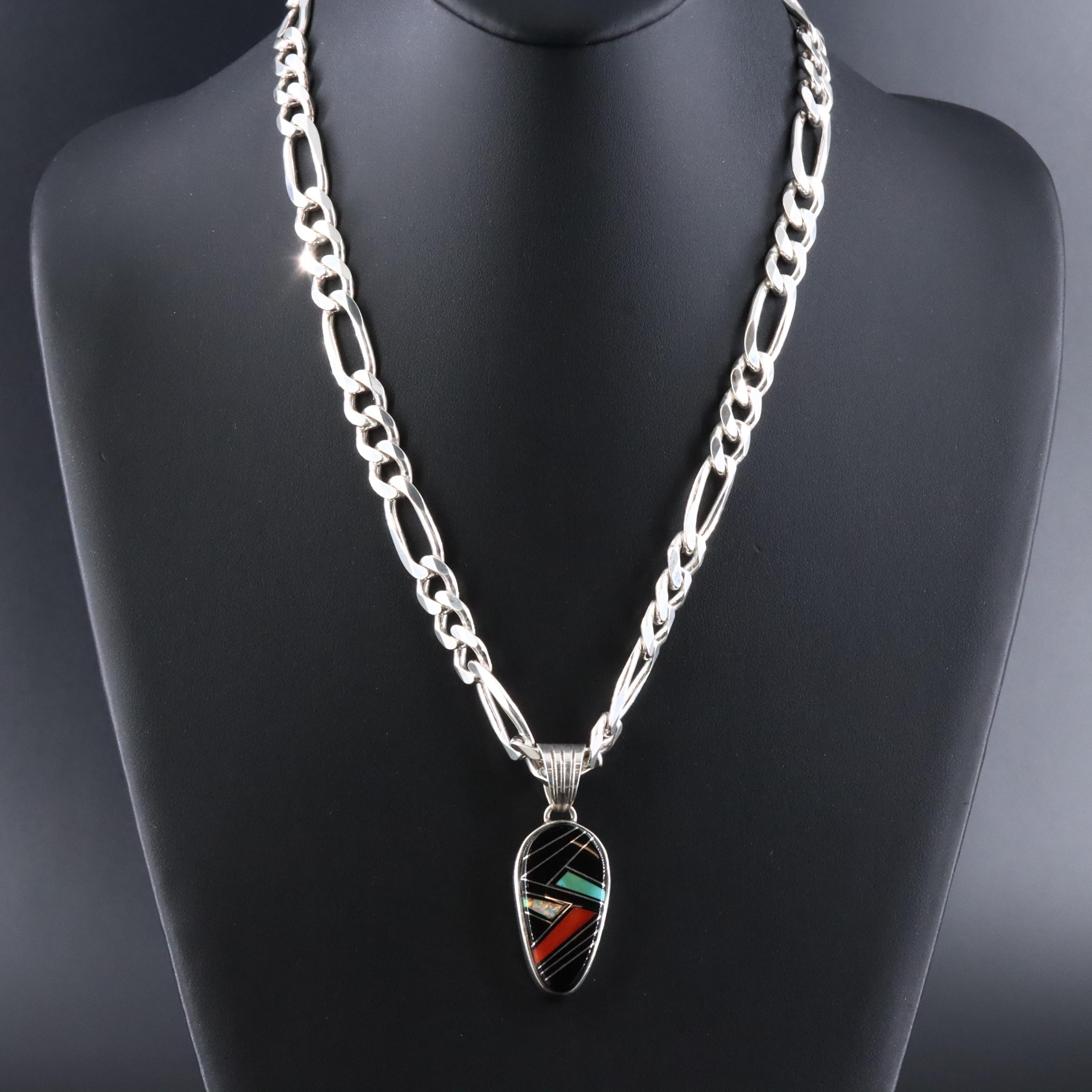 Southwestern Sterling Gemstone Inlay Pendant Necklace