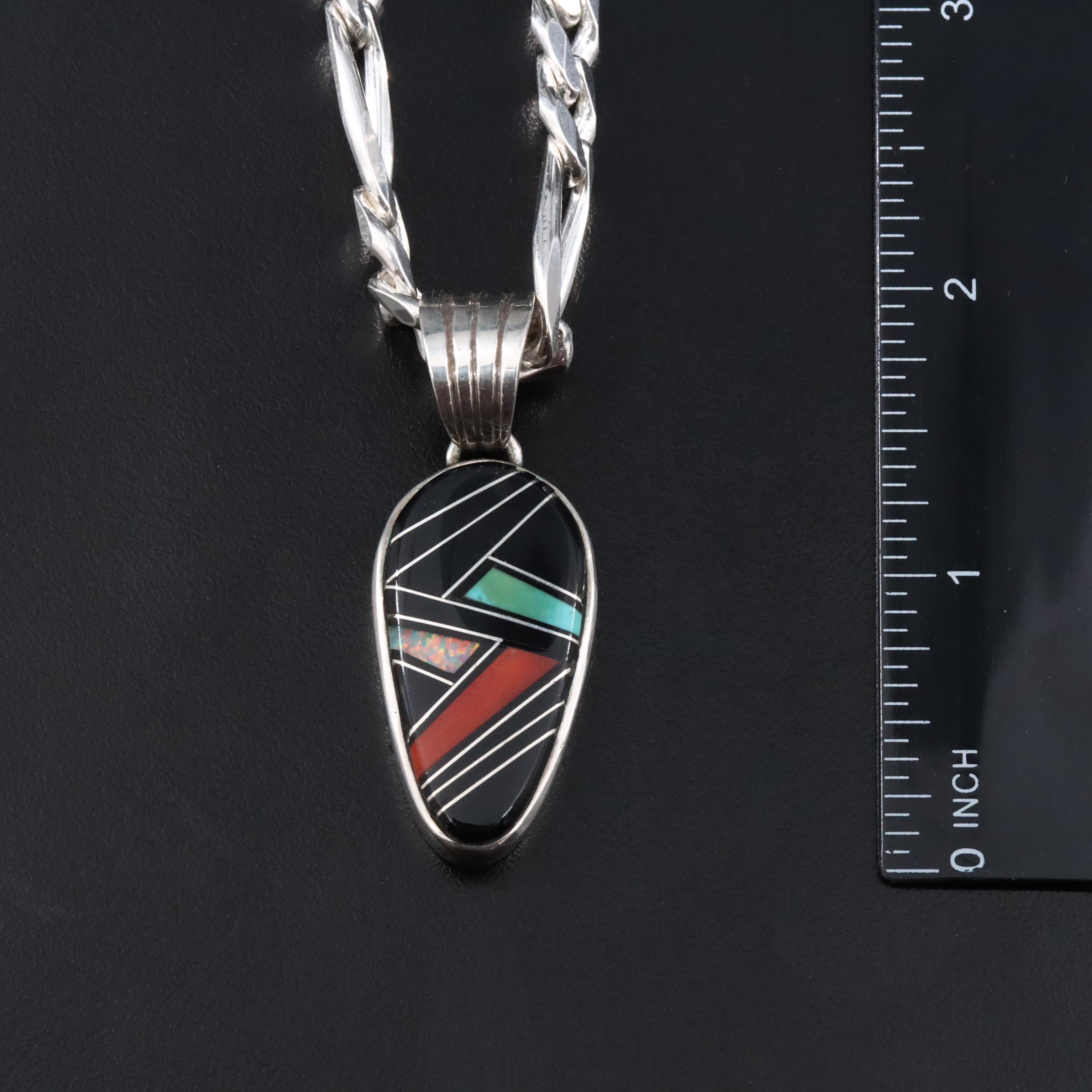 Southwestern Sterling Gemstone Inlay Pendant Necklace
