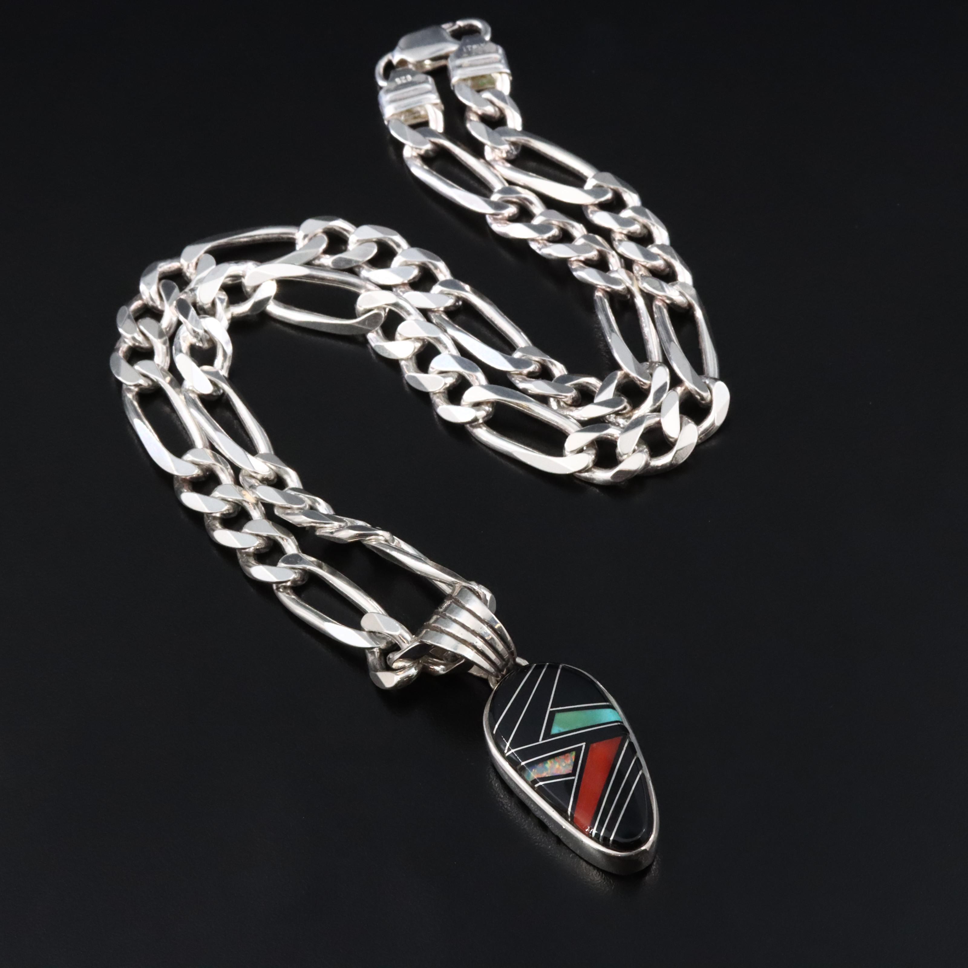 Southwestern Sterling Gemstone Inlay Pendant Necklace