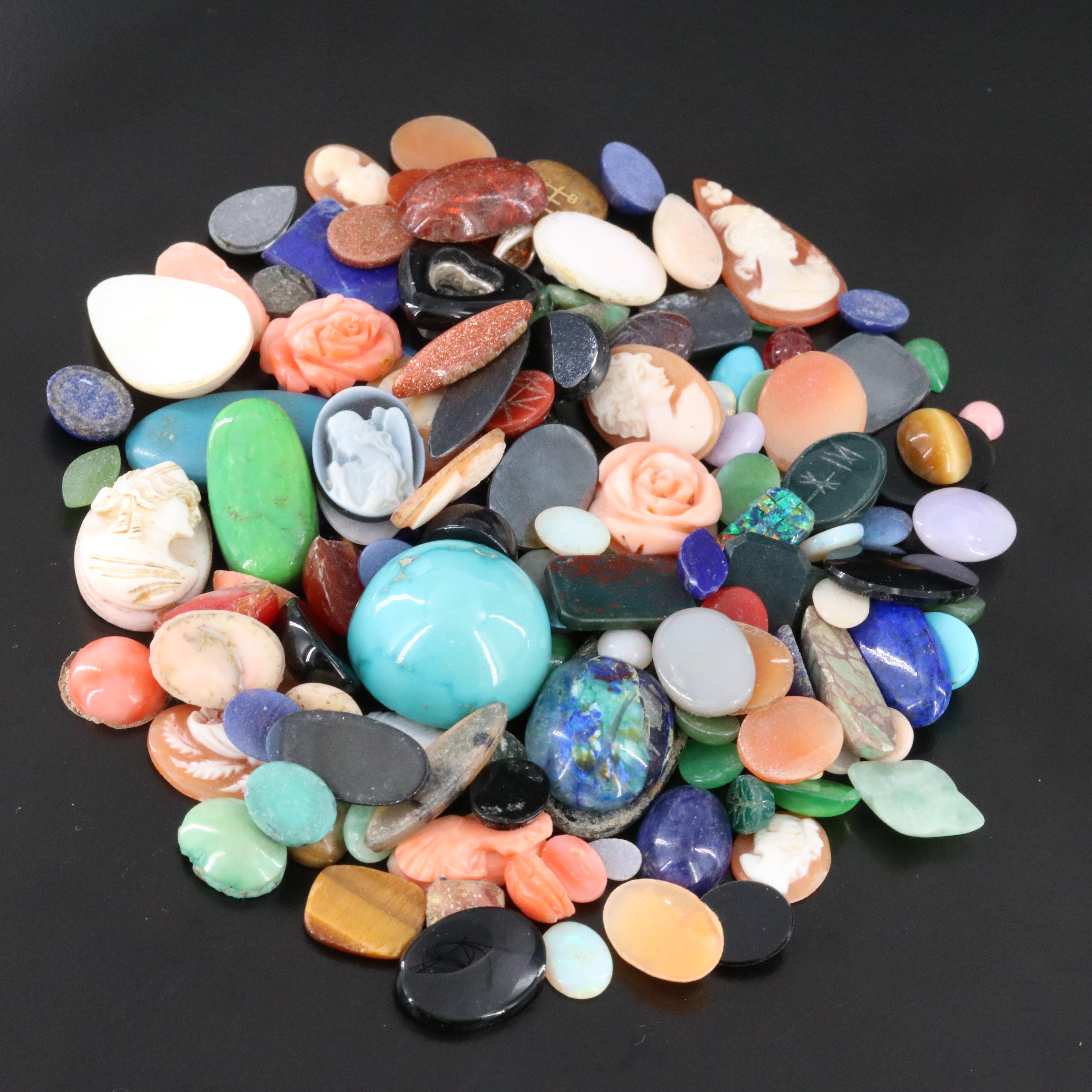 Loose Gemstone Lot Including Coral, Shell and Tiger's Eye