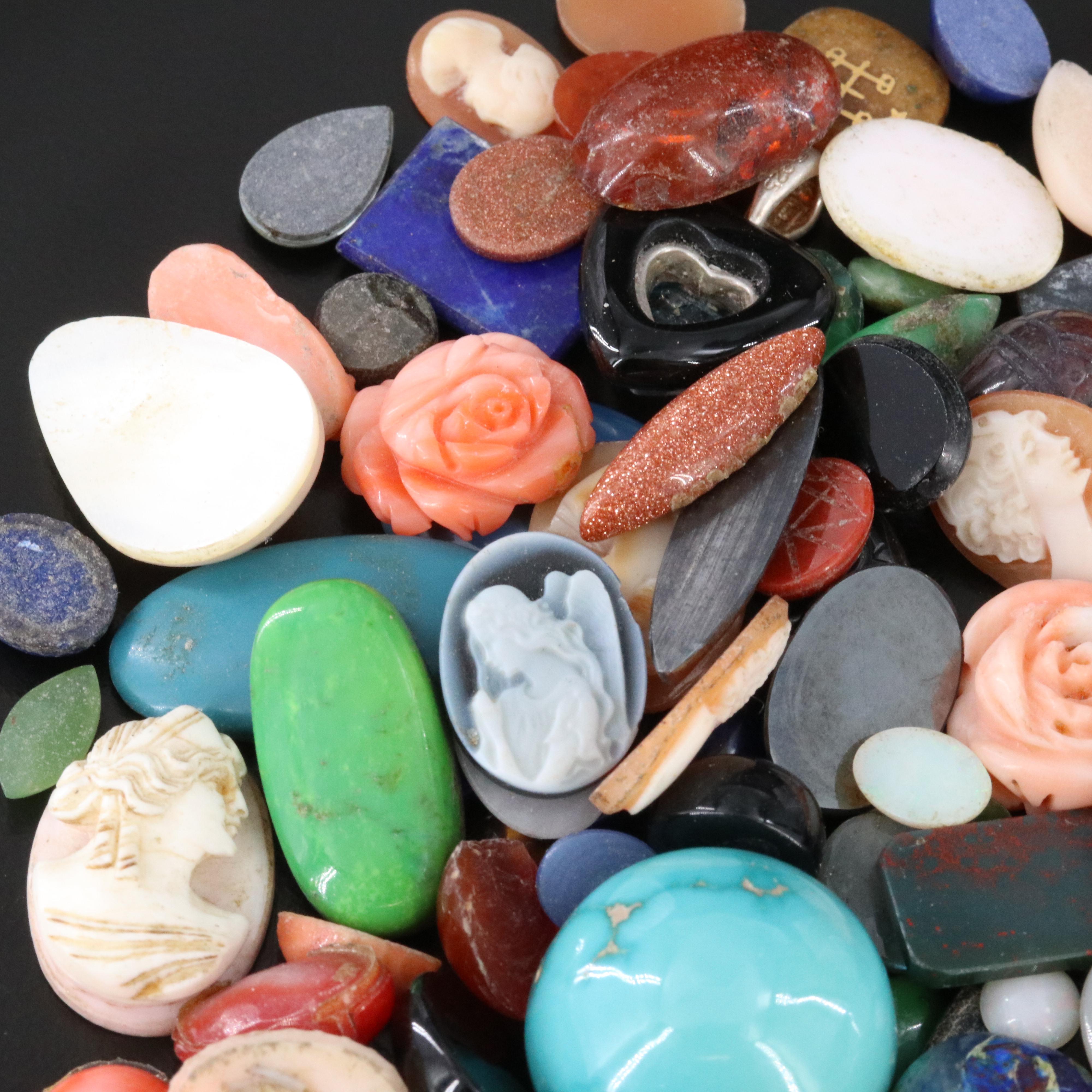 Loose Gemstone Lot Including Coral, Shell and Tiger's Eye