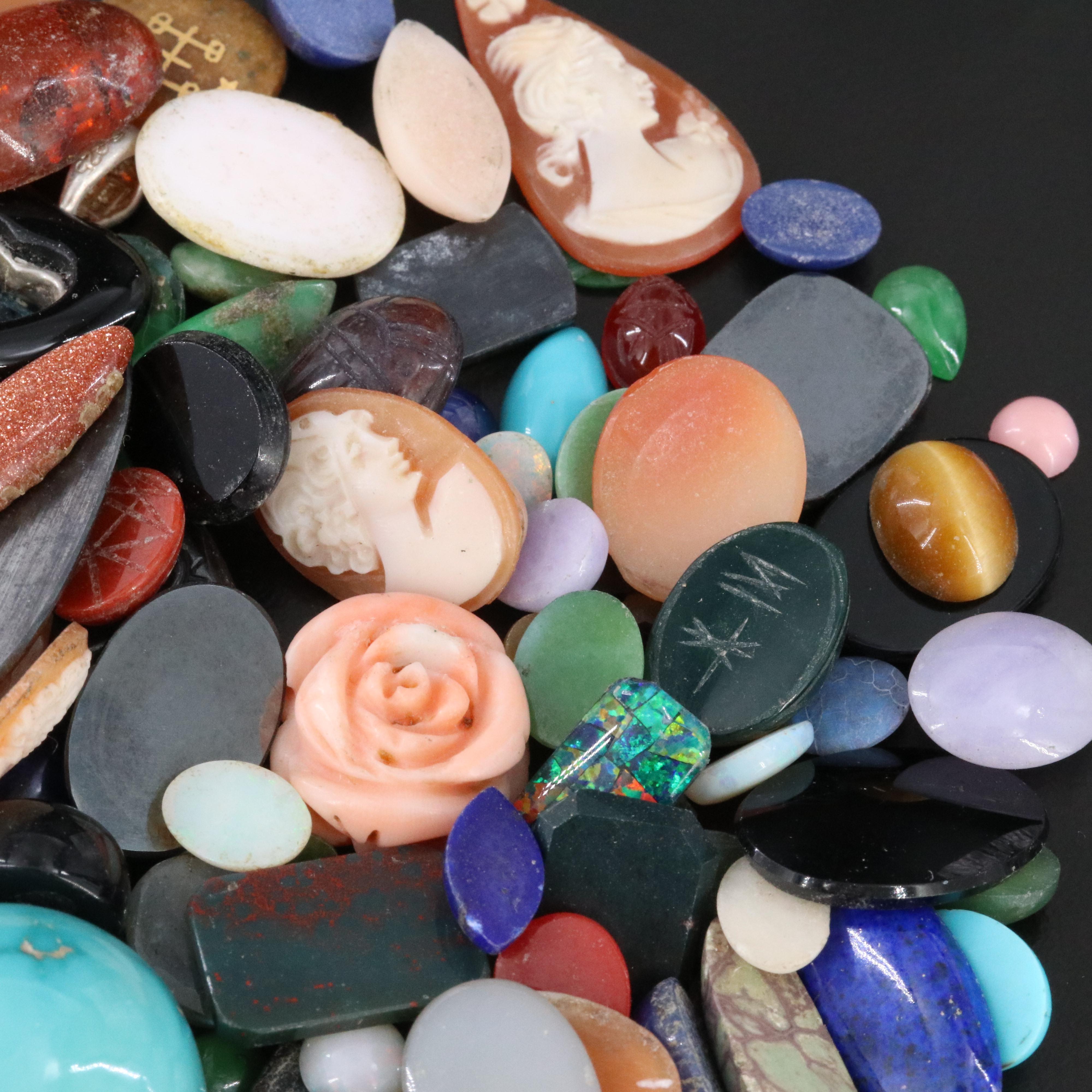 Loose Gemstone Lot Including Coral, Shell and Tiger's Eye