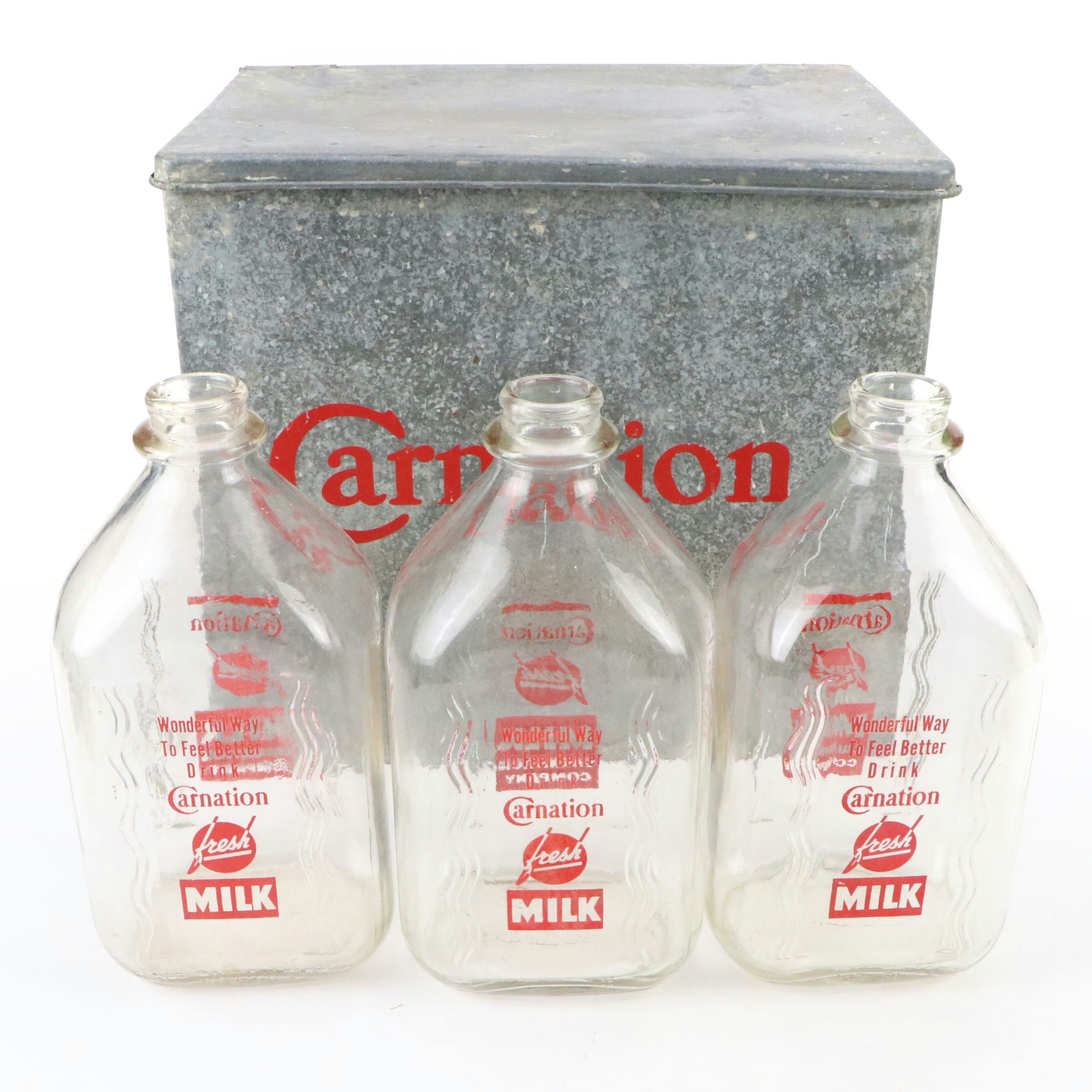 Carnation Milk Galvanized Steel Porch Cooler with Bottles, Mid-20th Century