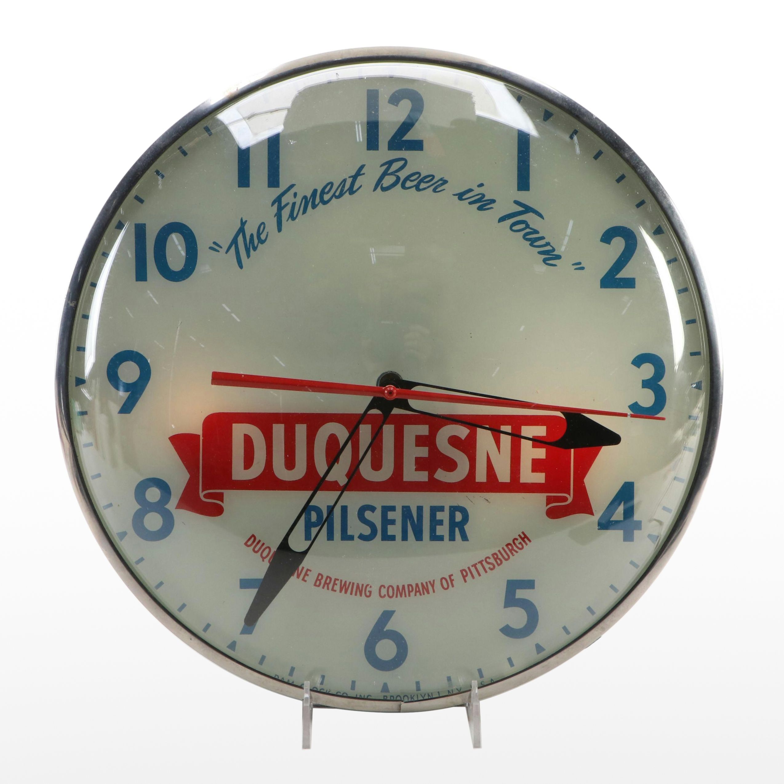 Duquesne Pilsener "The Finest Beer in Town" Illuminated Advertising Clock, 1950s