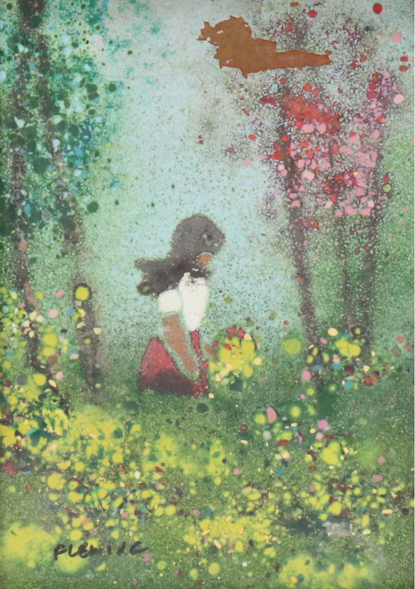 Fleming Enamel on Copper of Kneeling Girl with Flower in Landscape