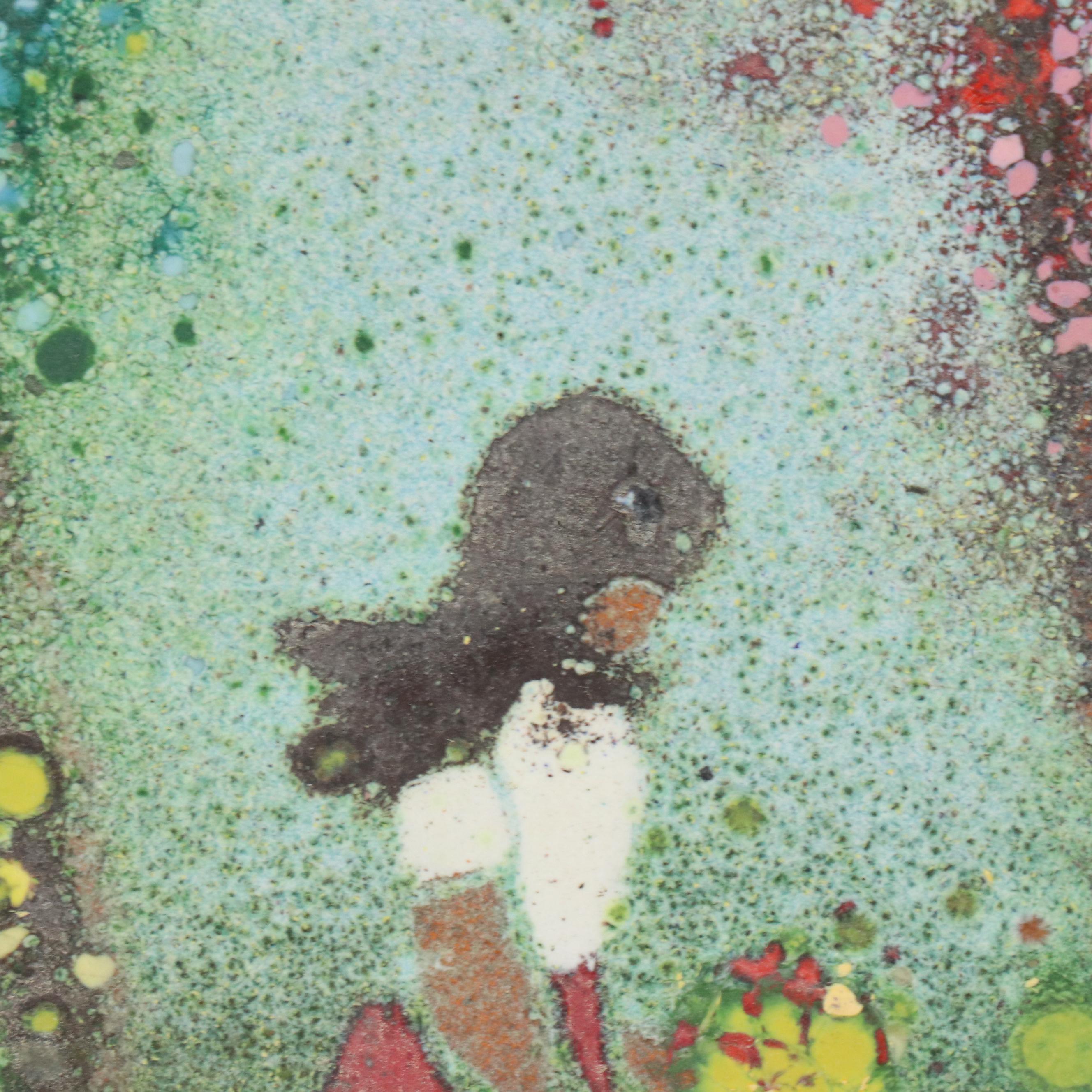 Fleming Enamel on Copper of Kneeling Girl with Flower in Landscape
