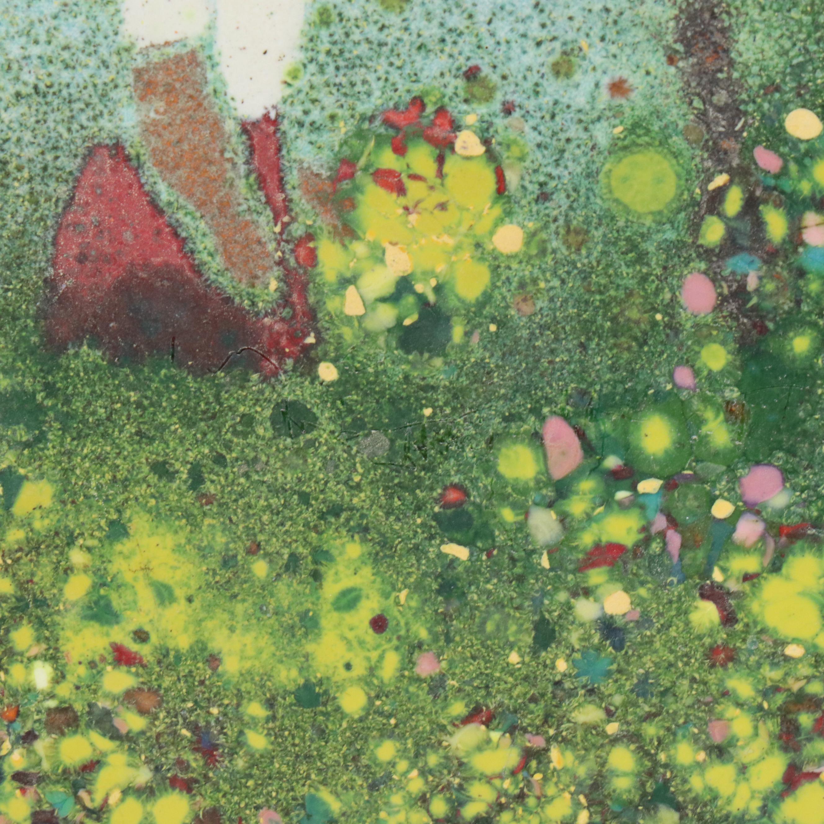 Fleming Enamel on Copper of Kneeling Girl with Flower in Landscape